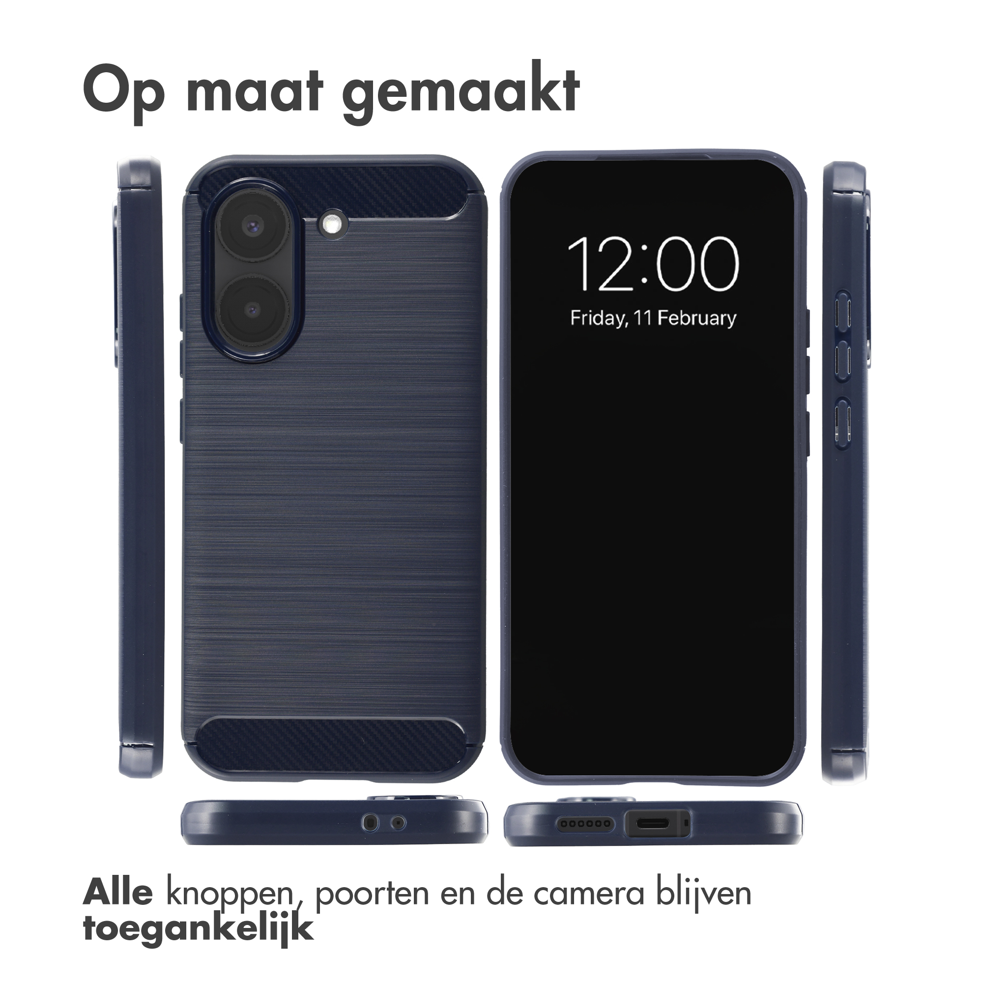 Dark blue phone case set showing front, back, and side views.