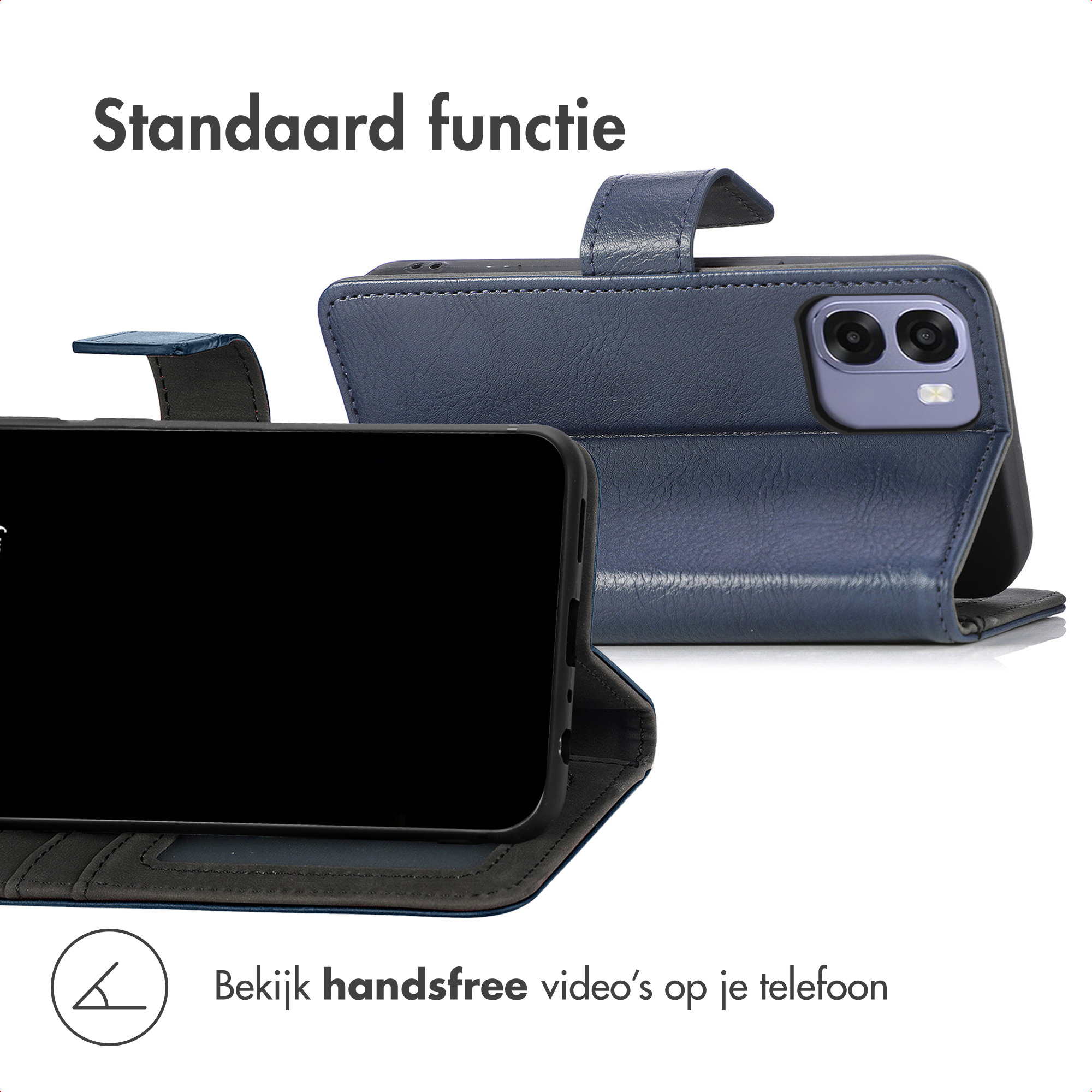 Un étui de téléphone en cuir bleu avec fonction de support. Un téléphone inséré.