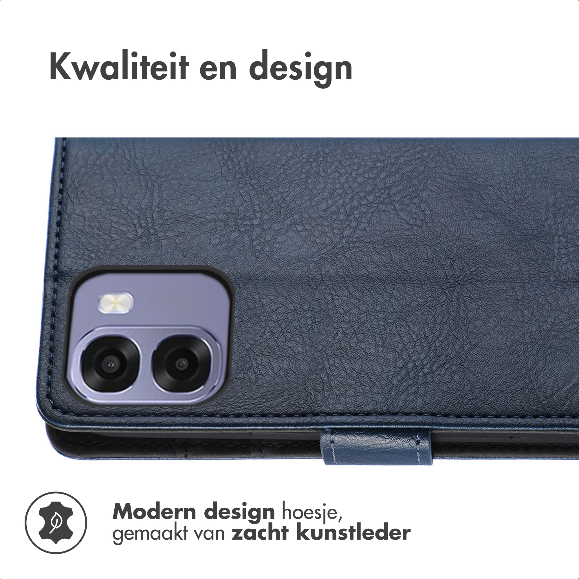 Étui de téléphone bleu marine en similicuir avec deux objectifs.
