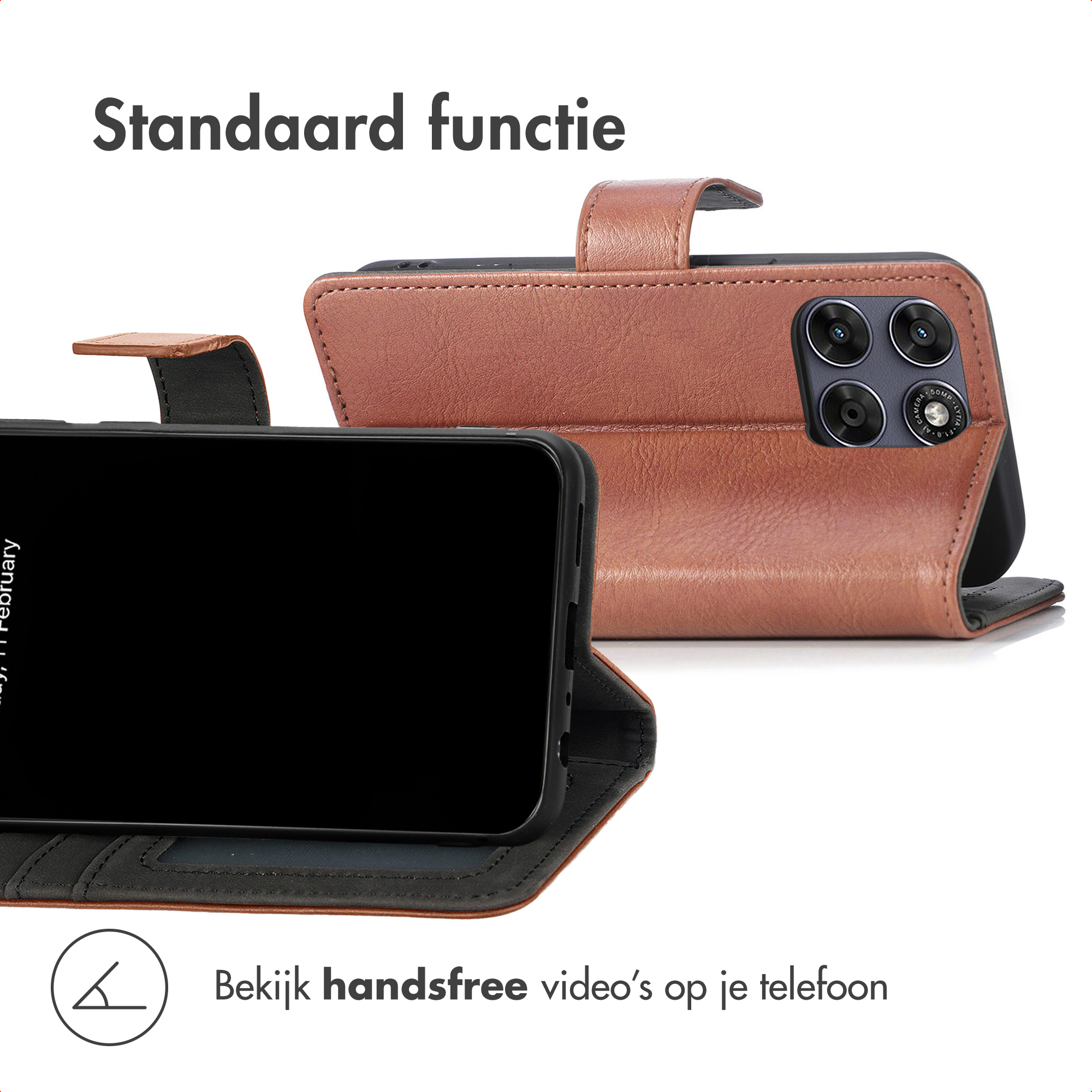 Een bruine leren flip case voor een smartphone, open getoond. De case heeft een standaardfunctie.