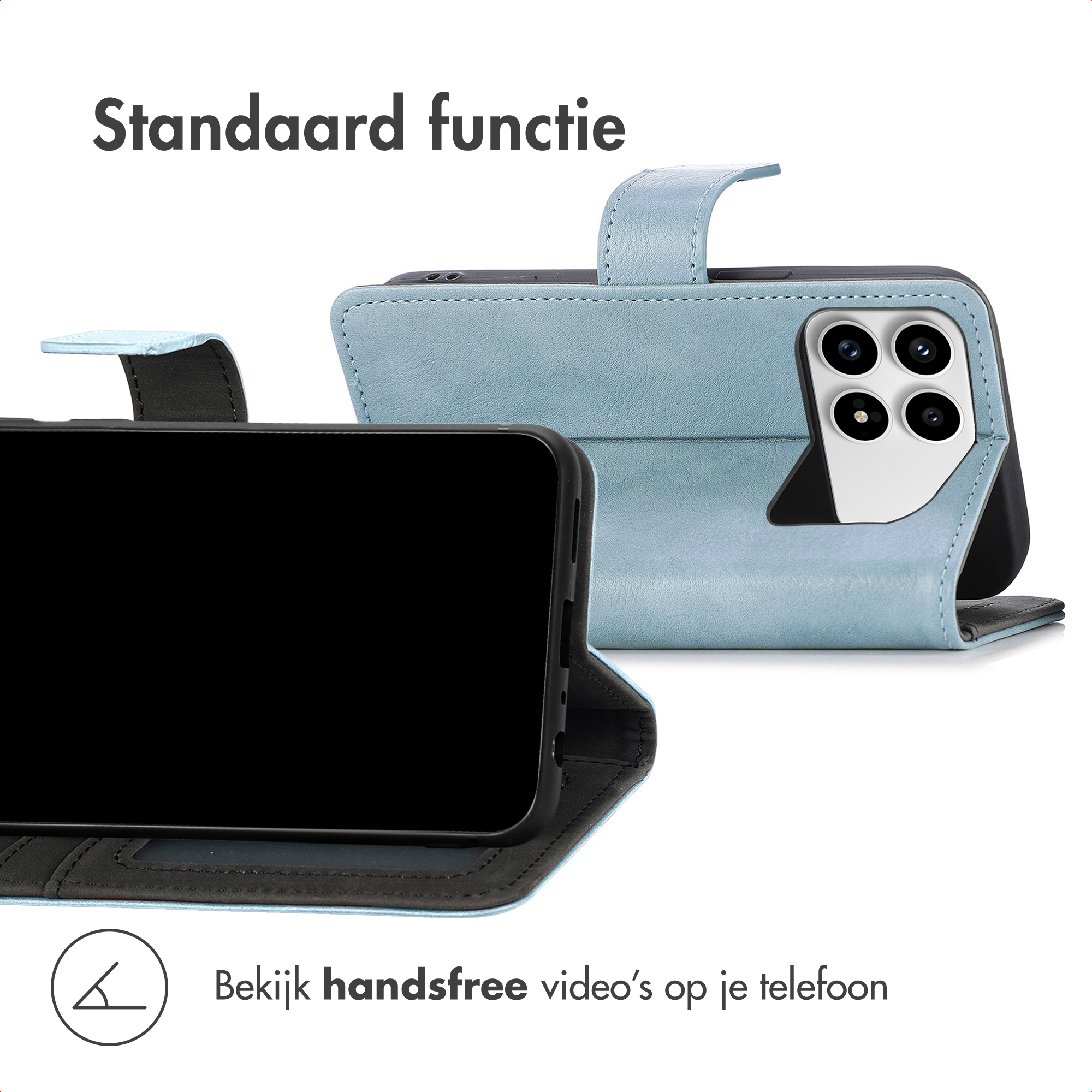 Een lichtblauwe flip telefoonhoes met camera's en tekst.