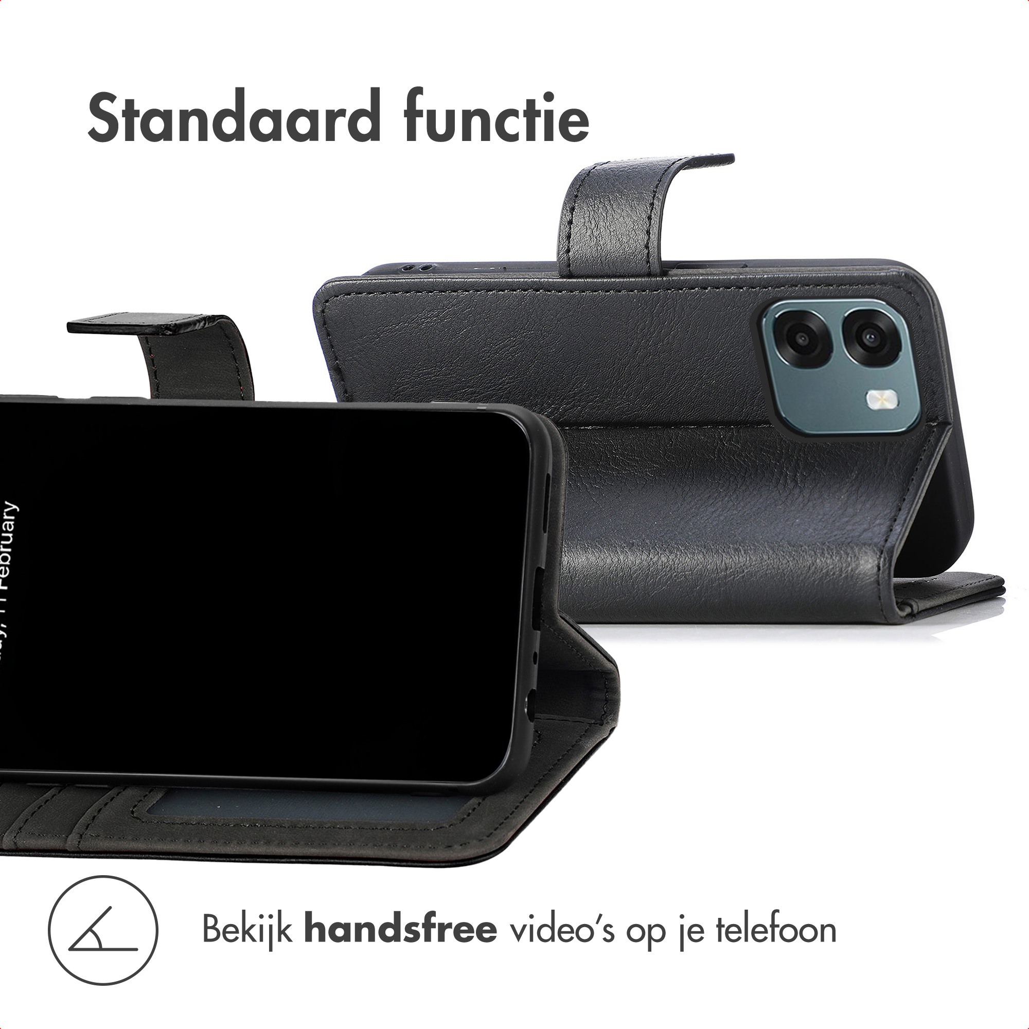 Zwarte telefoon met standaard klaphoes en camerapakket.