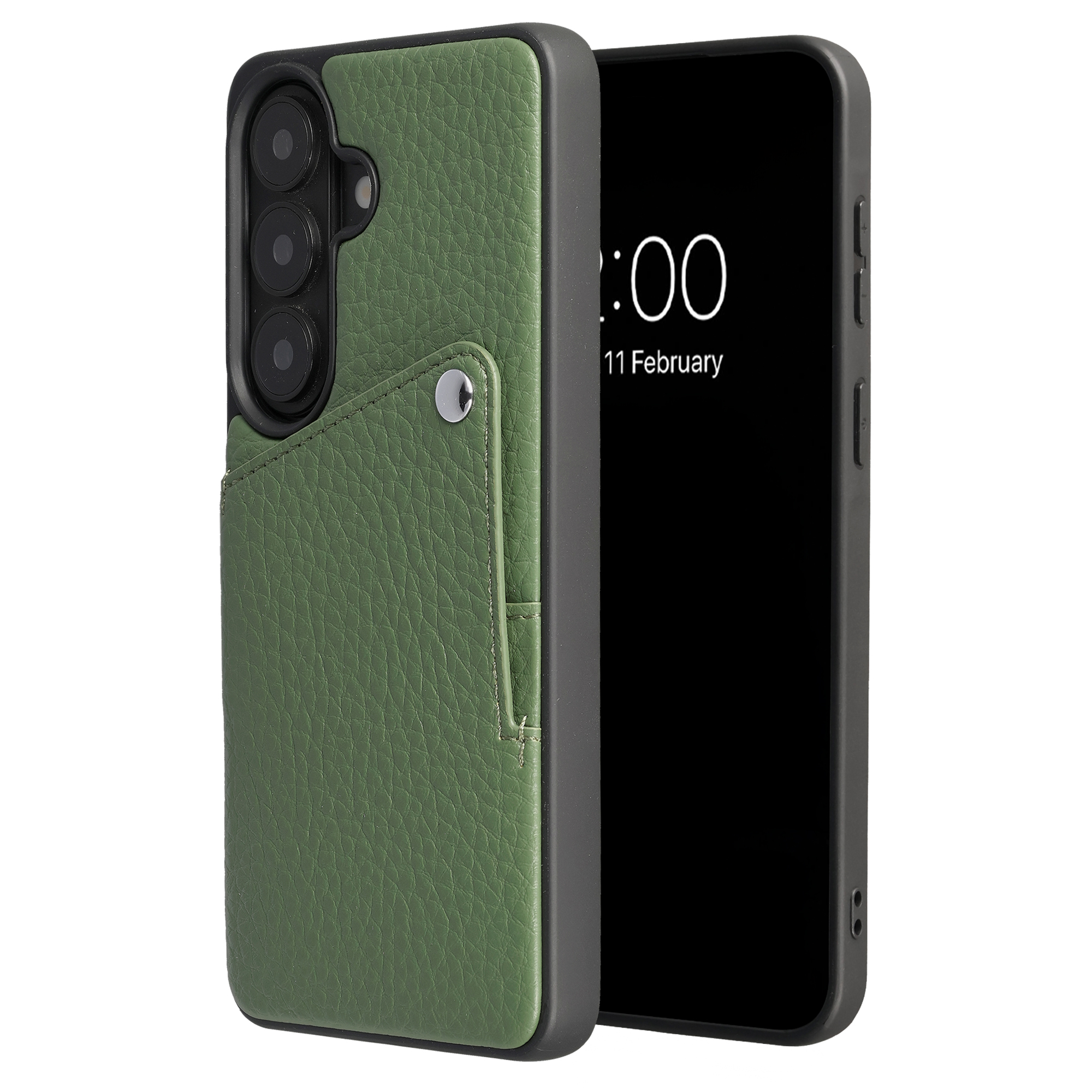 Une coque de téléphone verte avec un emplacement pour carte et une ouverture.
