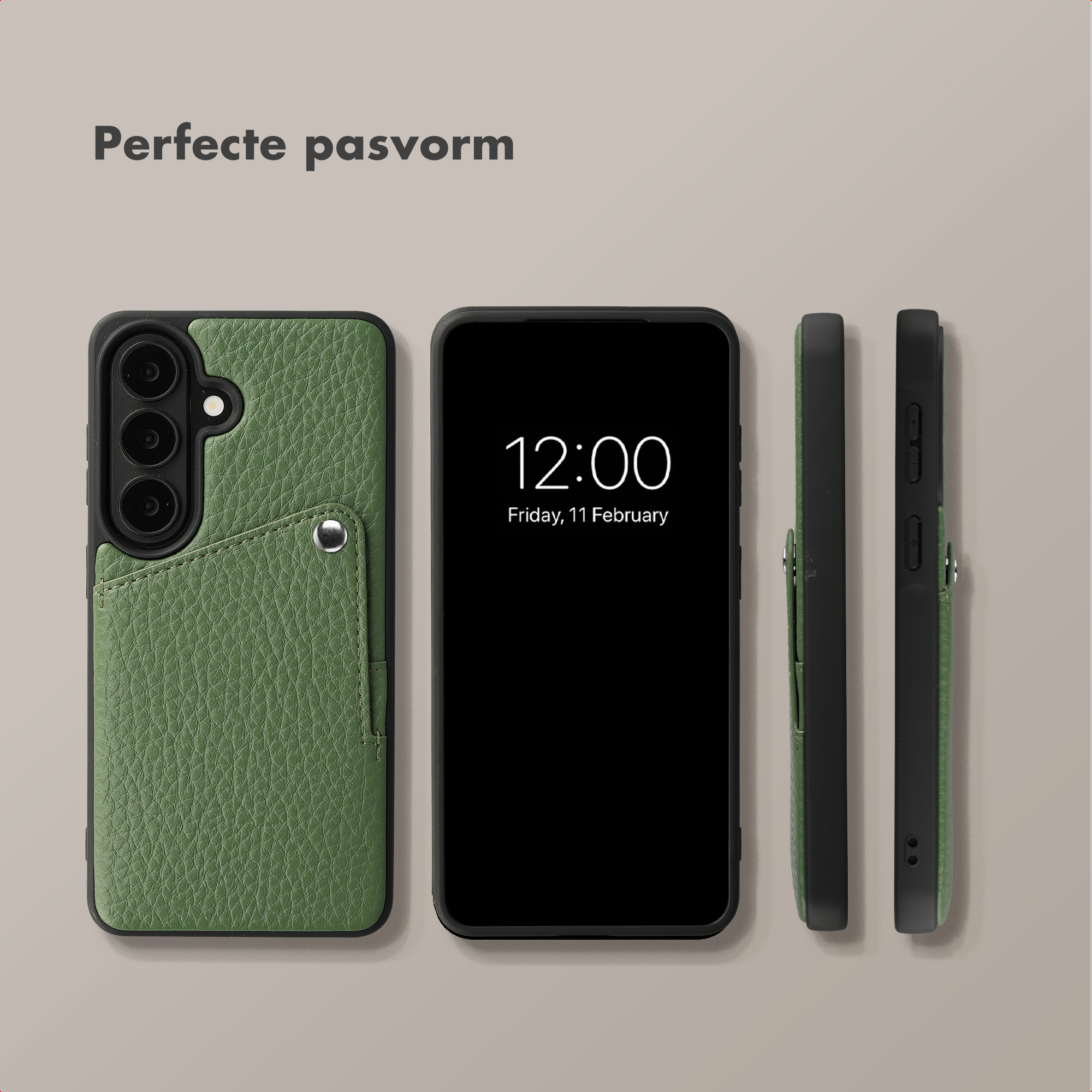 Étui de téléphone vert avec fente pour carte, à côté d'un smartphone affichant 12h00.