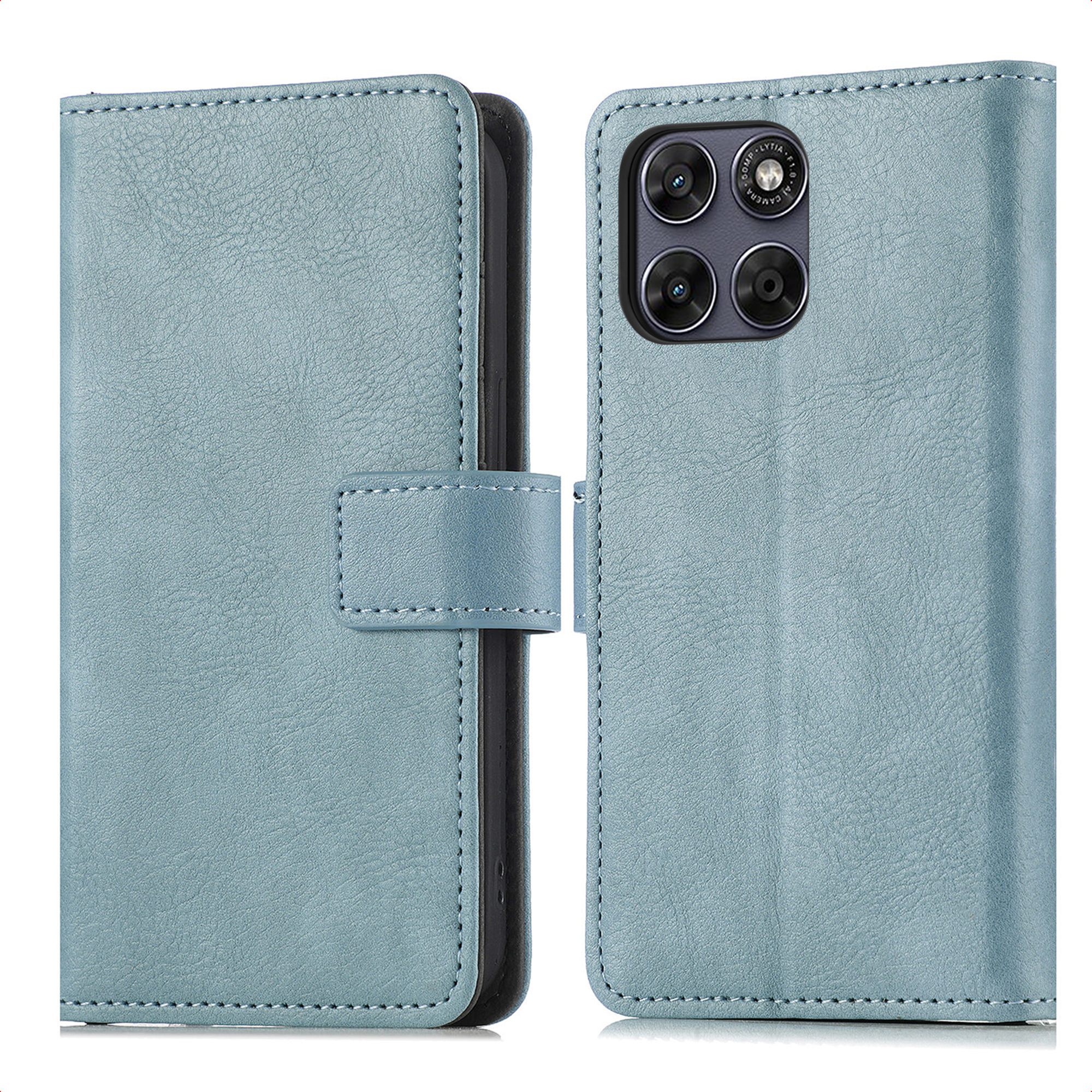 Een blauwe leren telefoonhoes met camerasysteem aan de achterkant.