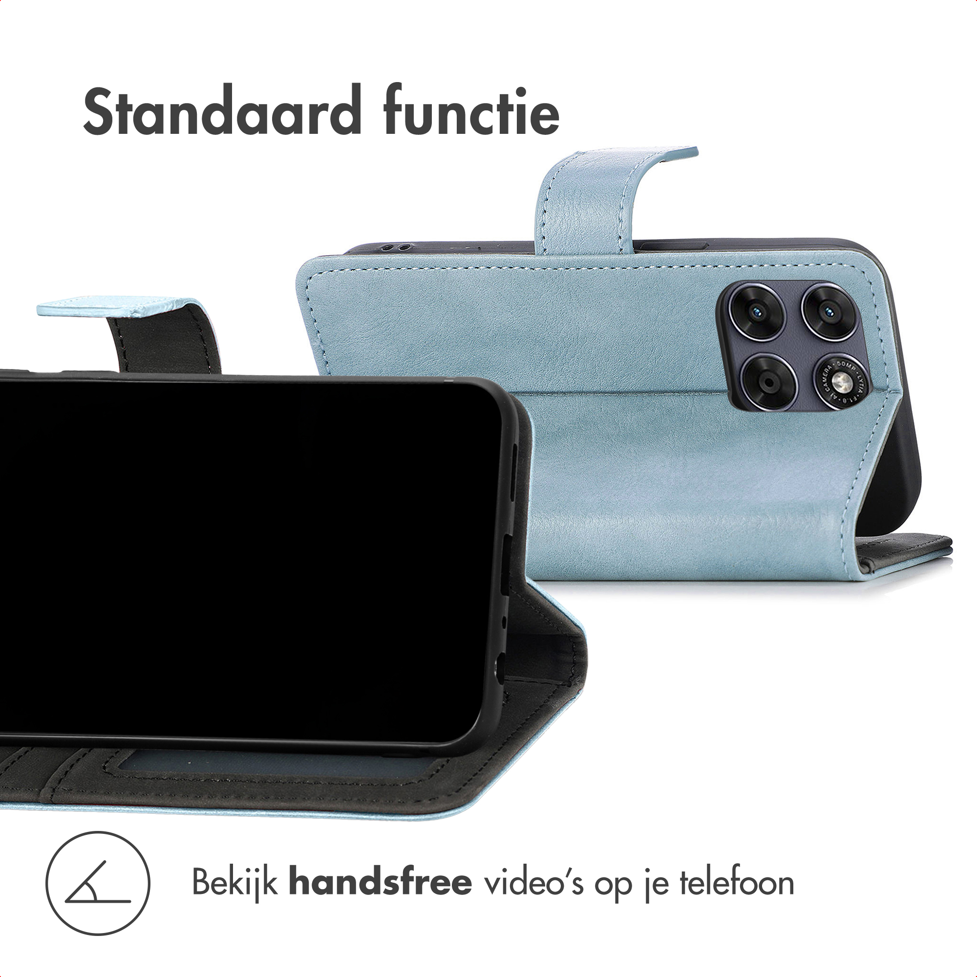 Een blauwe telefoon flip case met camera en smartphone.