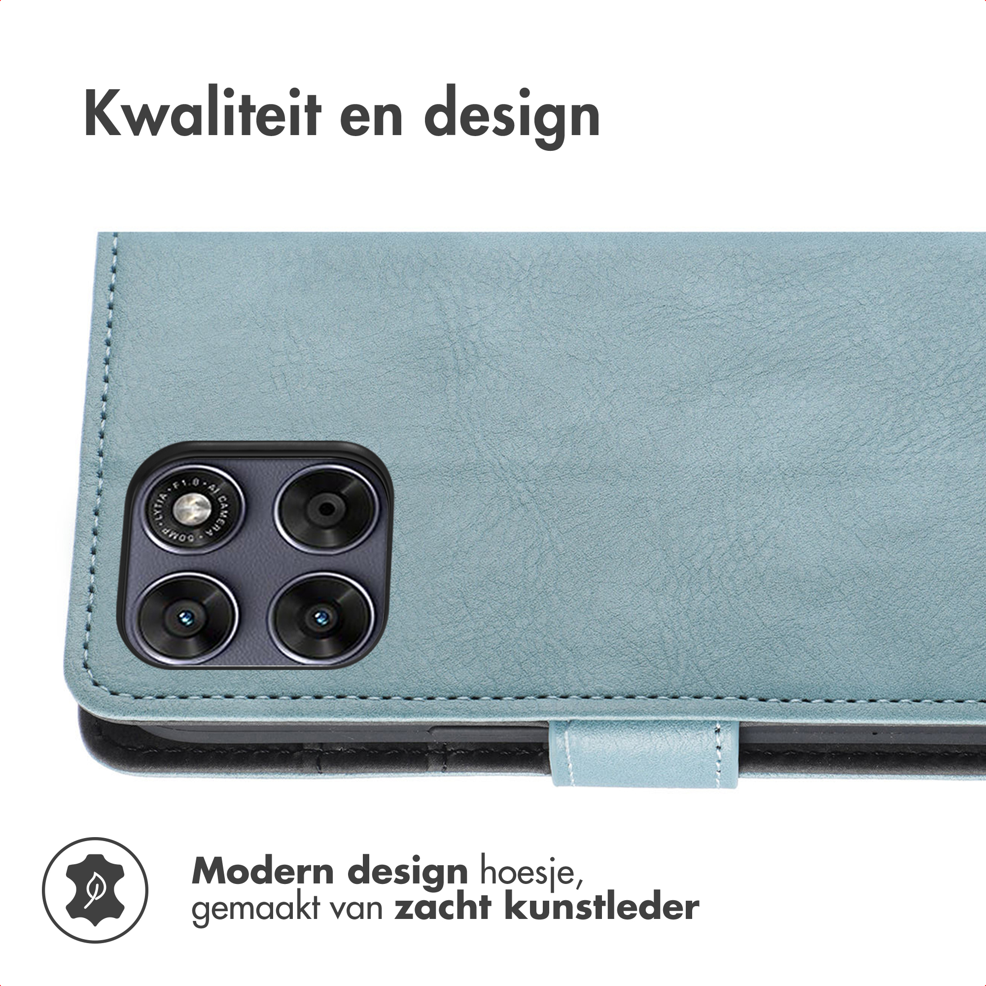 Een lichtblauwe kunstleren telefoonhoes met camera's. Kwaliteit en design.