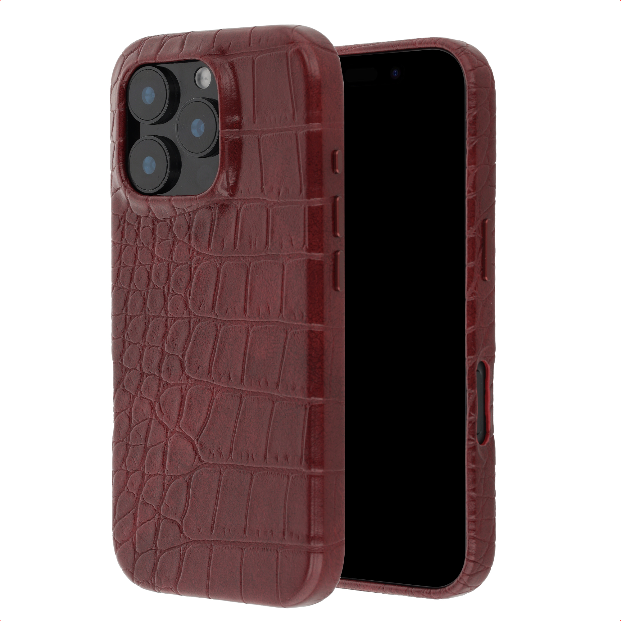 Étui rouge en cuir de crocodile avec quadruple appareil photo pour smartphone.