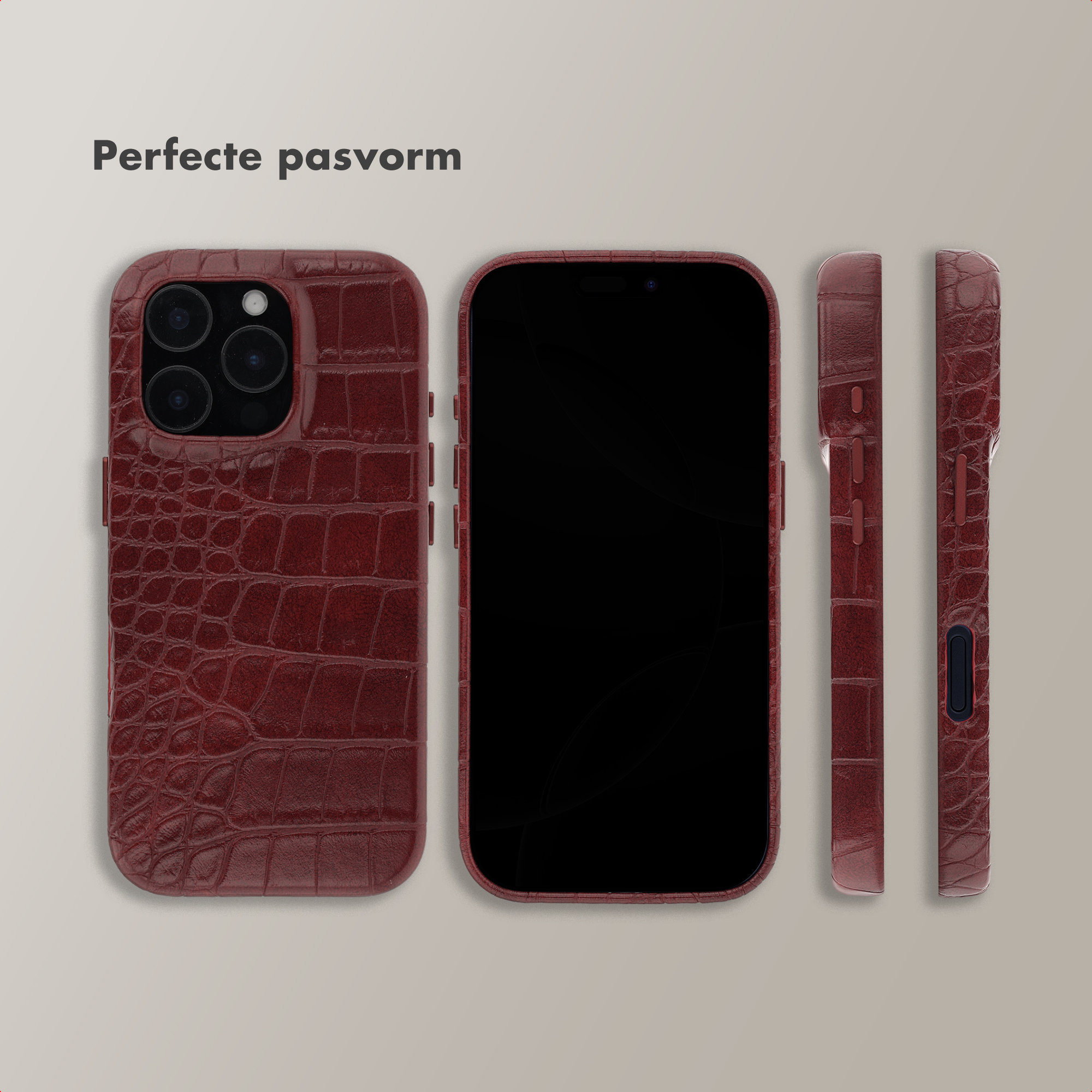 Trois vues d'une coque de téléphone rouge en peau de crocodile sur fond gris.