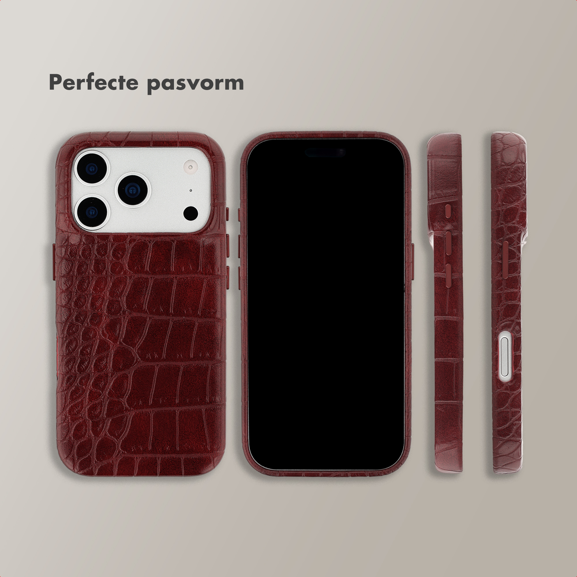 Ein dunkelrotes Kroko-Muster iPhone-Hülle, Rückansicht, Seitenansicht.