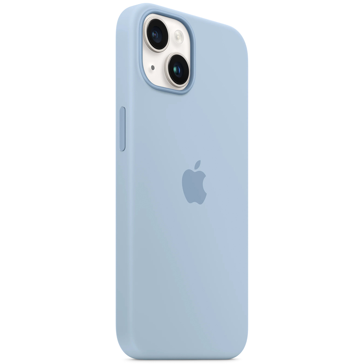 Une coque iPhone bleu clair avec logo Apple et découpe caméra.
