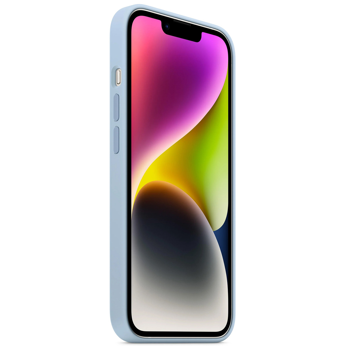 Un téléphone bleu avec un écran coloré, sur fond blanc.