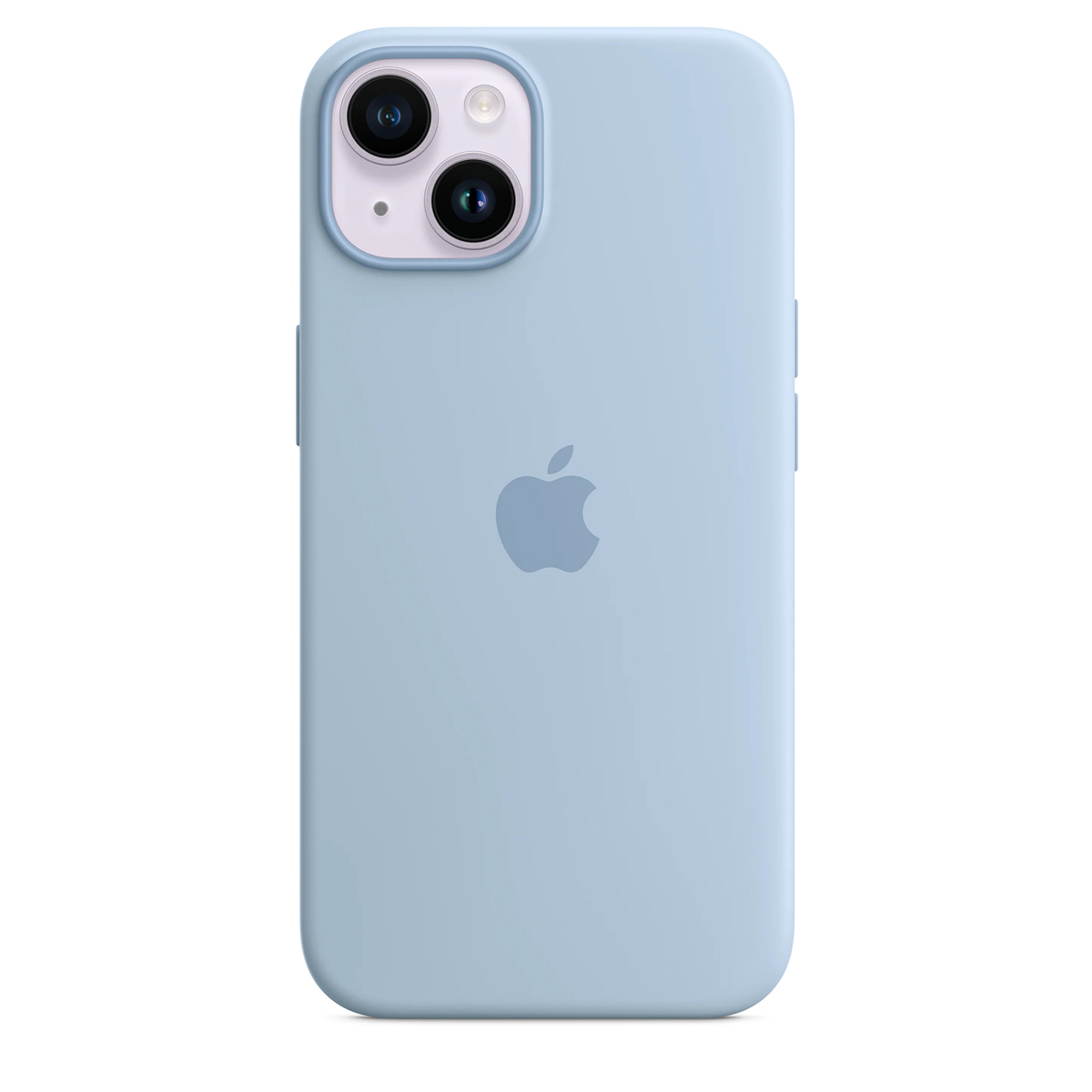 Une coque iPhone bleu clair avec logo Apple et découpe caméra.