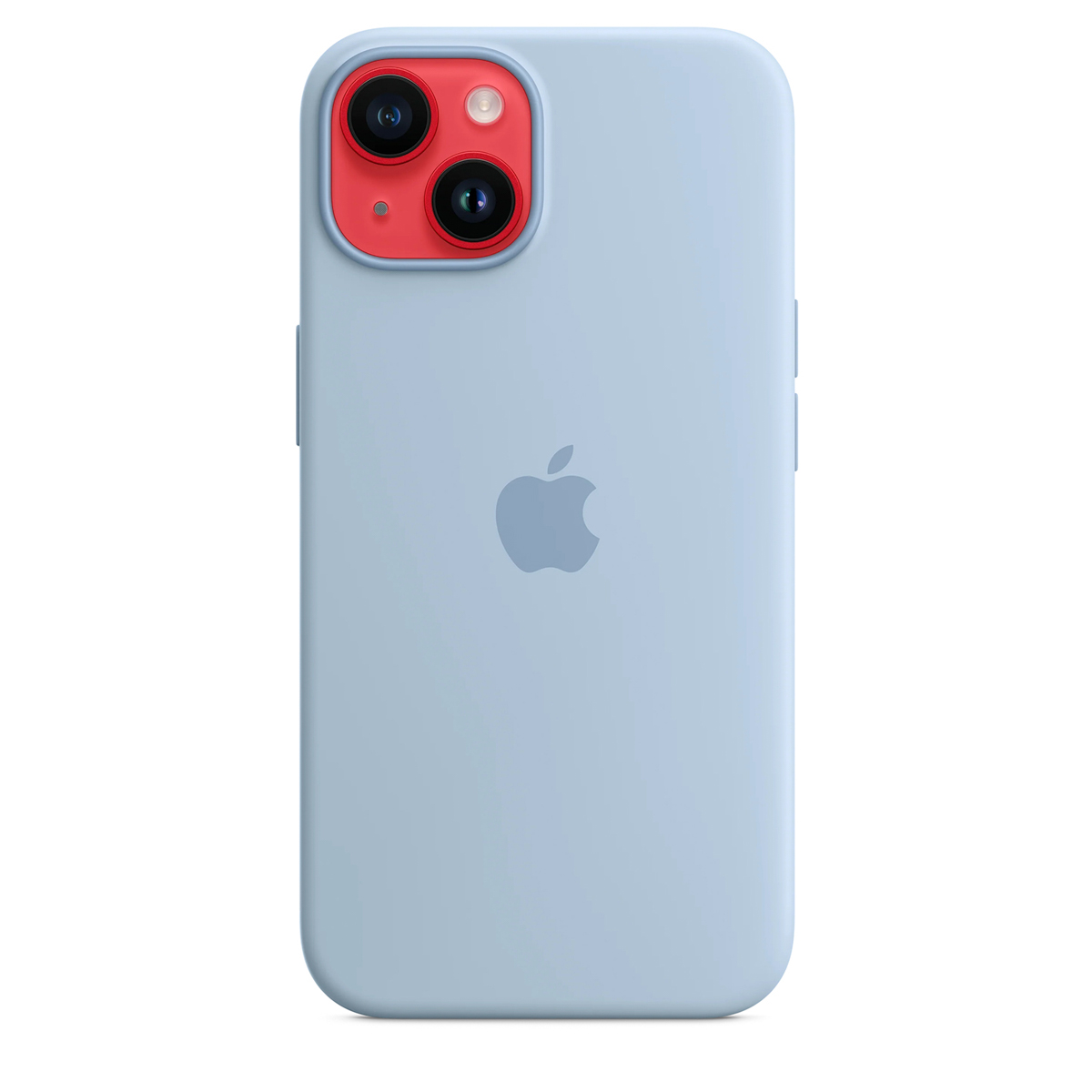 Coque iPhone bleu clair avec logo Apple et entourage caméra rouge.