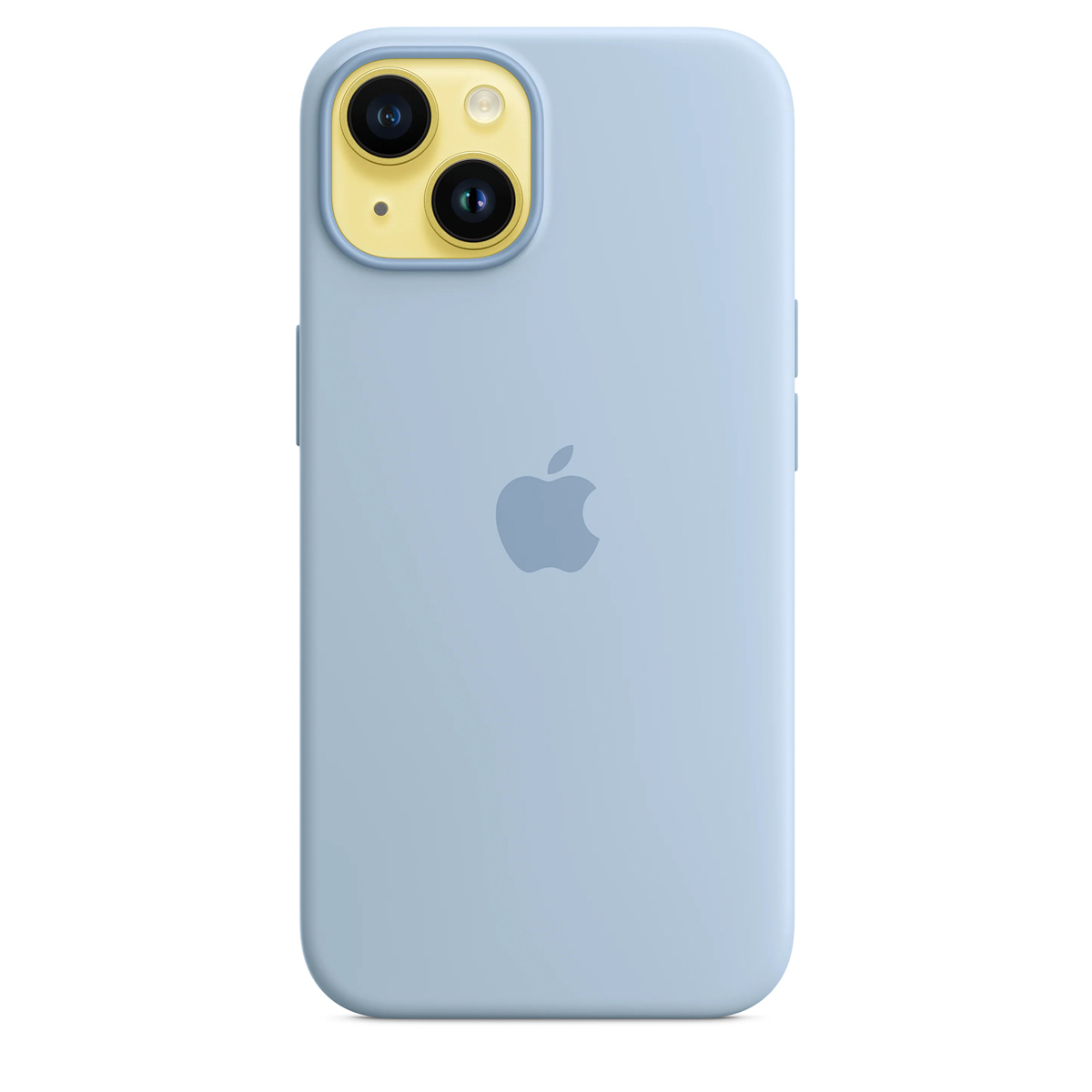 Une coque iPhone bleu clair avec le logo Apple et un module caméra proéminent.