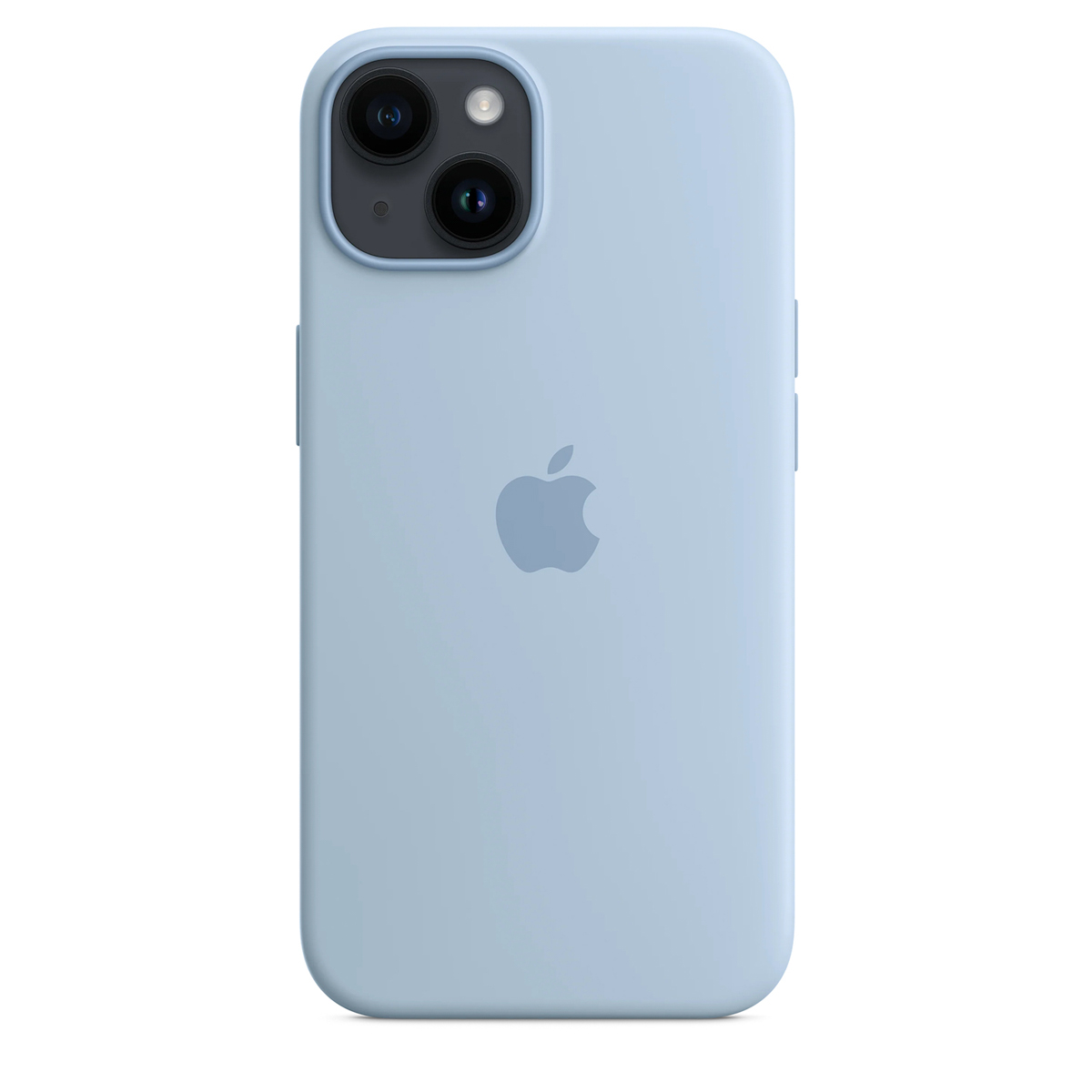 Un iPhone bleu clair avec un logo Apple au dos et deux caméras.