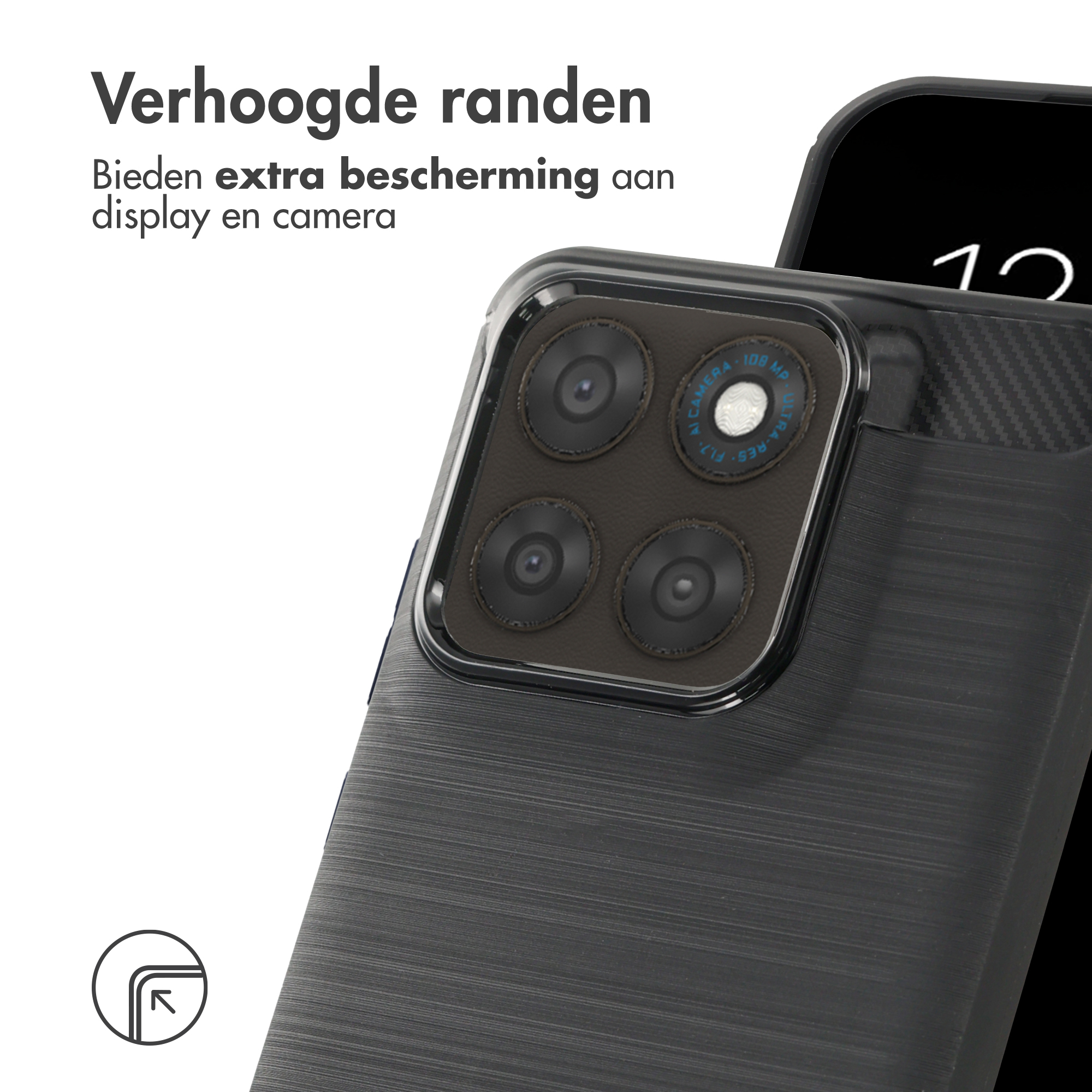 Zwarte telefoonhoes met vier camera's en tekst 'Verhoogde randen'.