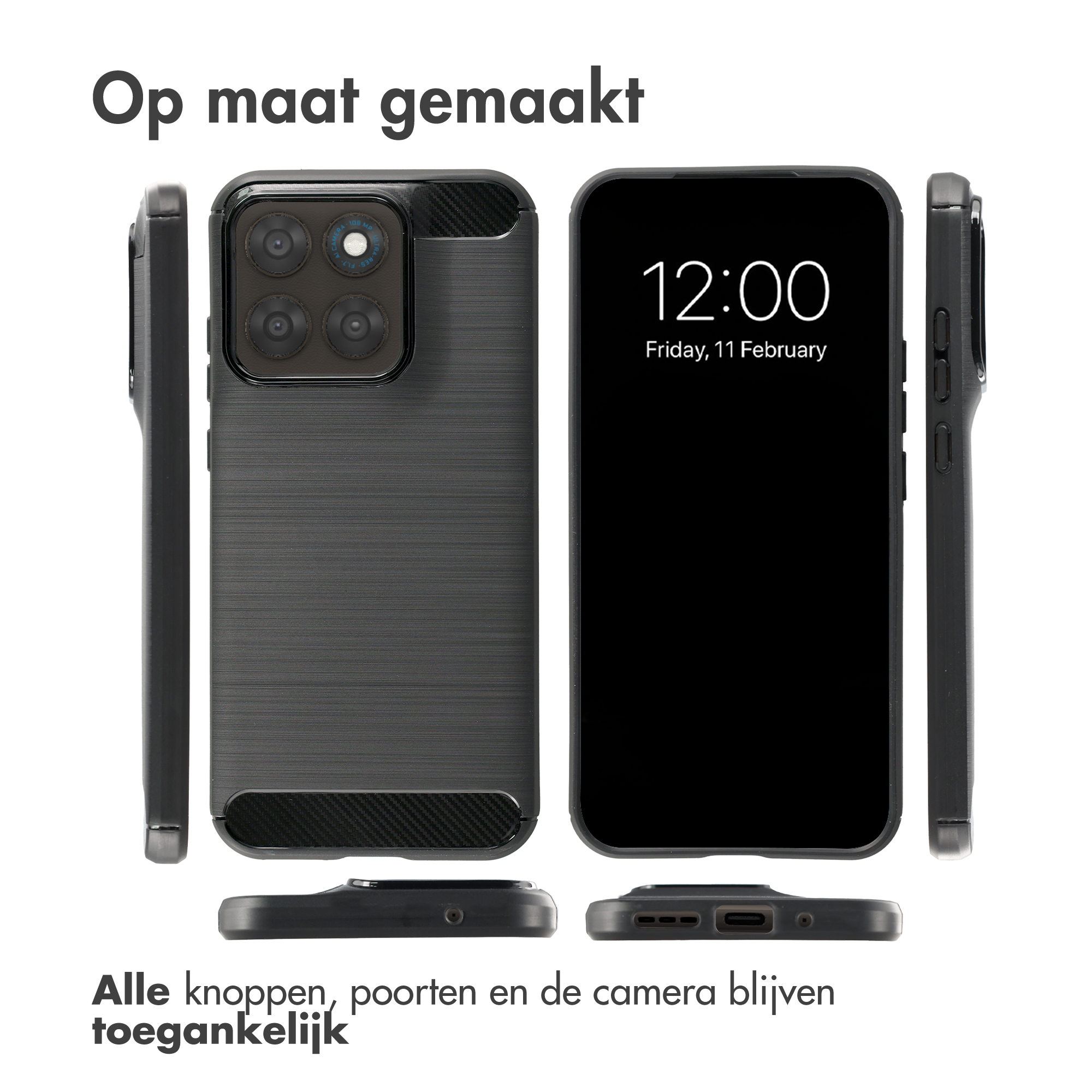 Een zwarte telefoon met cameralenzen en een scherm dat 12:00 uur toont.