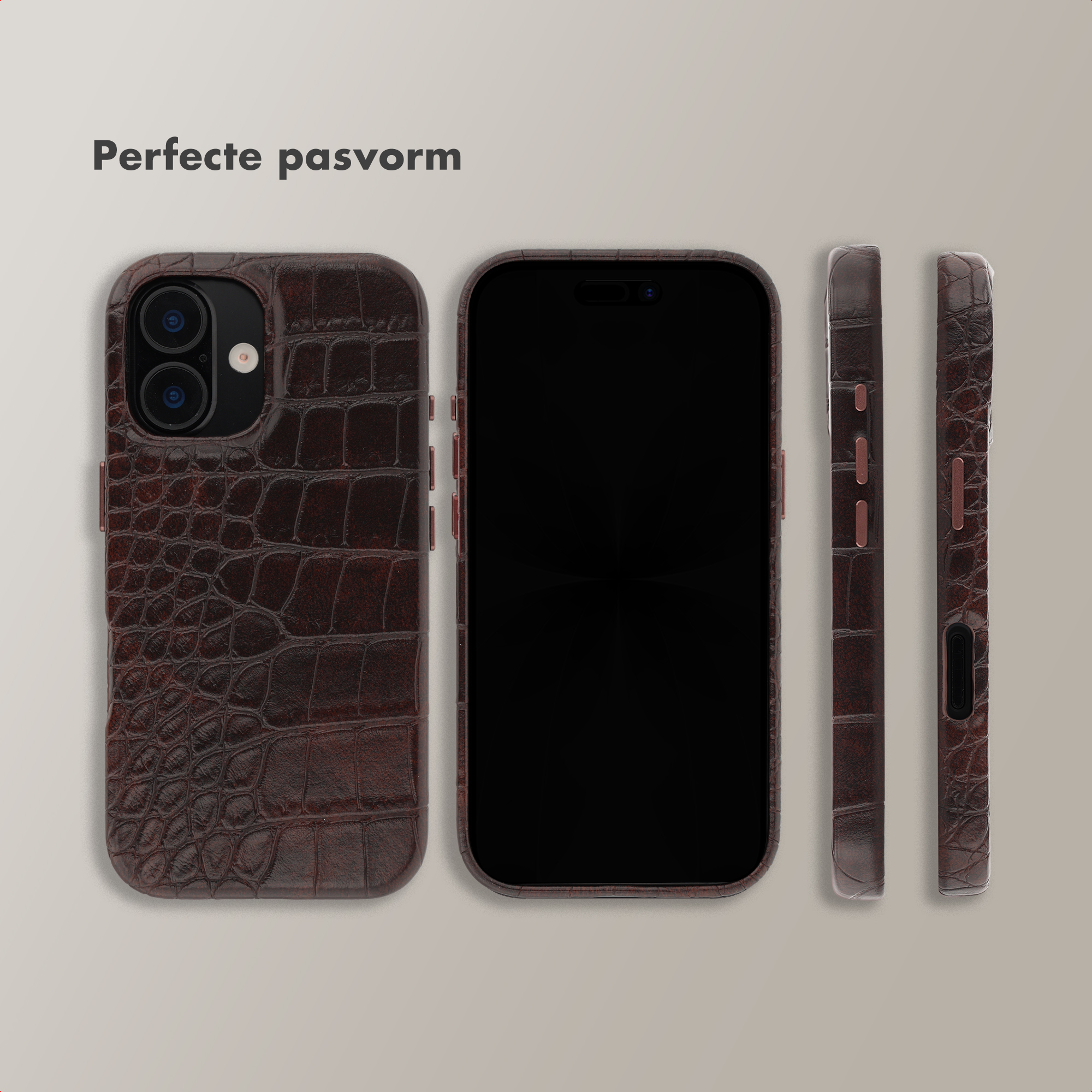 Donkerbruine krokodillenleren telefoonhoes met camera-uitsparing en zijknoppen.