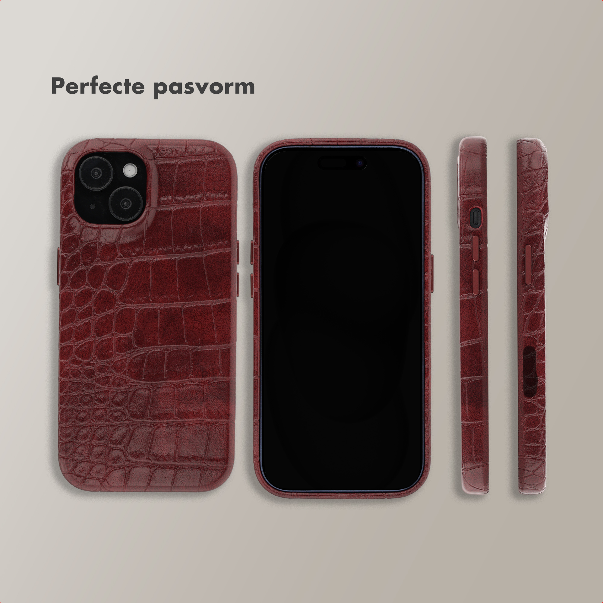 Red crocodile leather phone case, shown from front and side views.