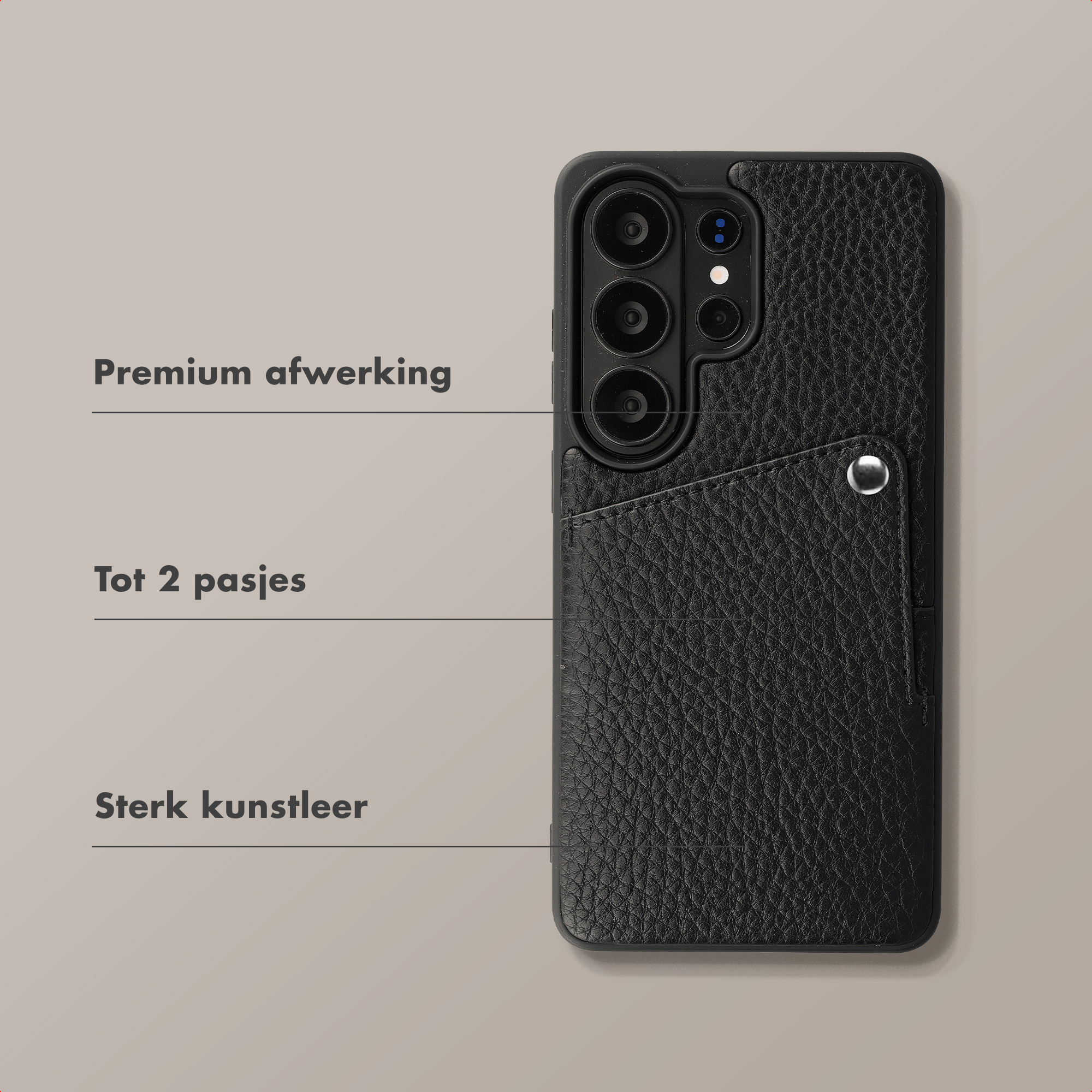 Zwarte leren telefoonhoes met kaarthouder voor 2 pasjes.