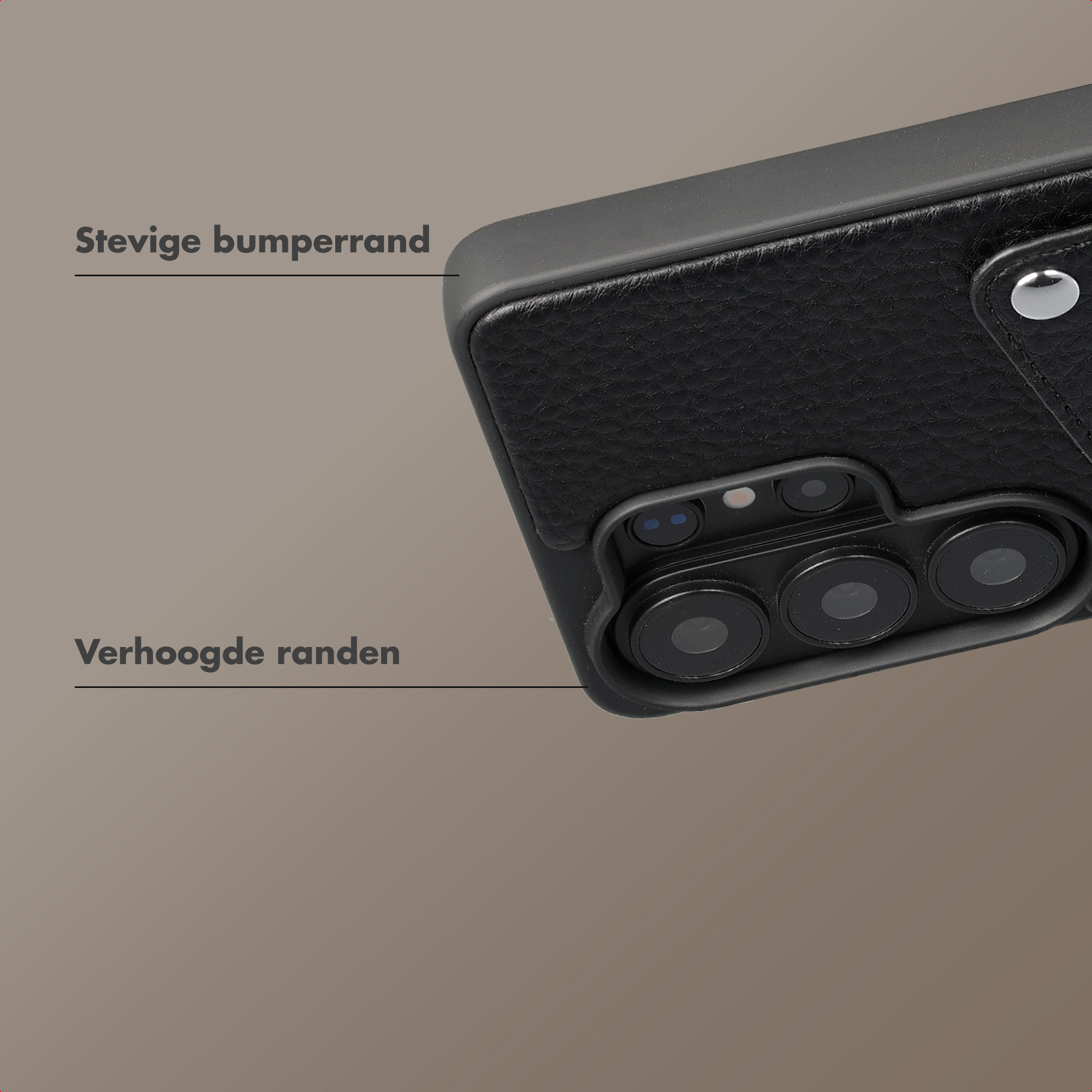 Zwarte telefoonhoes met cameramodule en tekst "Stevige bumperrand".