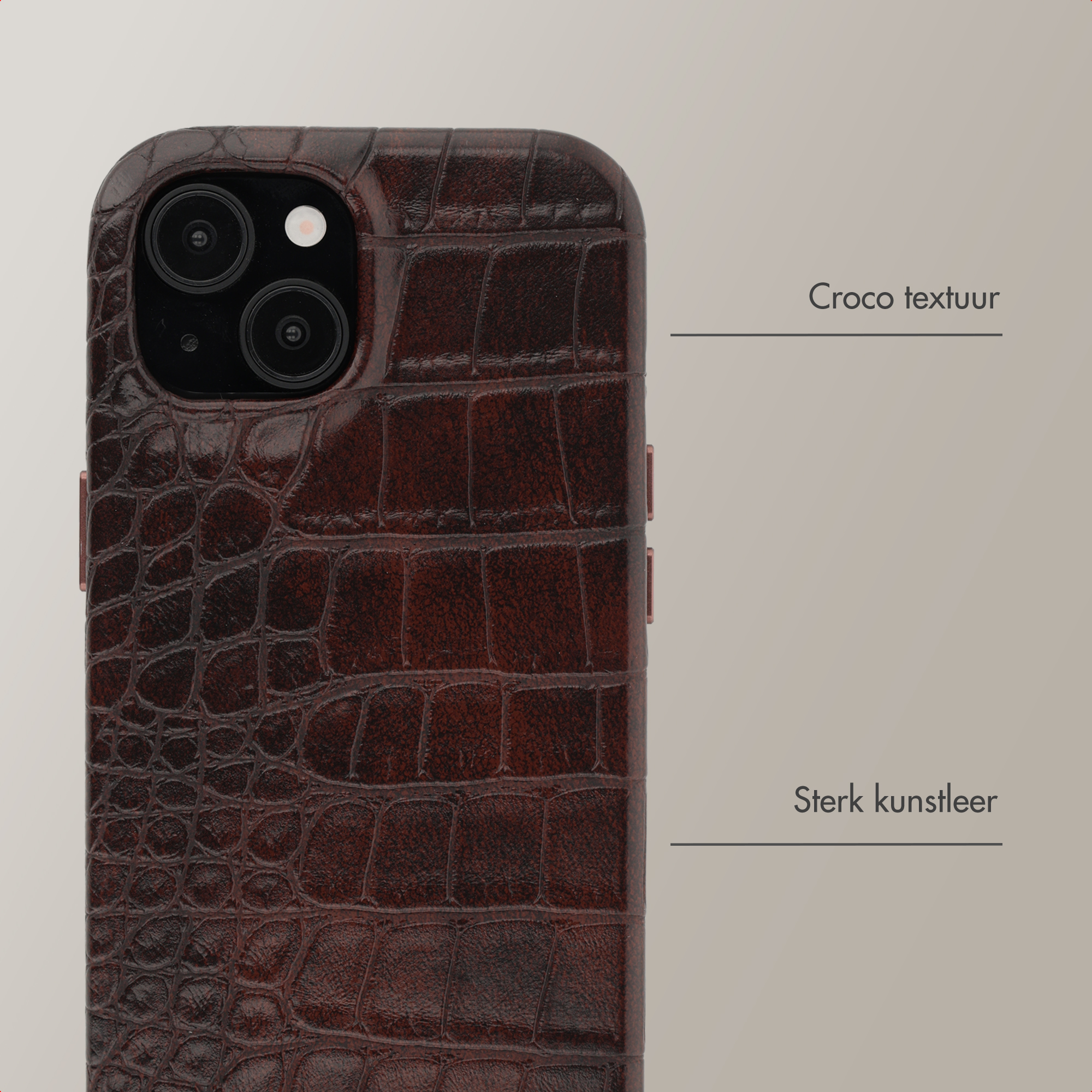 Brown crocodile leather phone case with camera lenses and text.