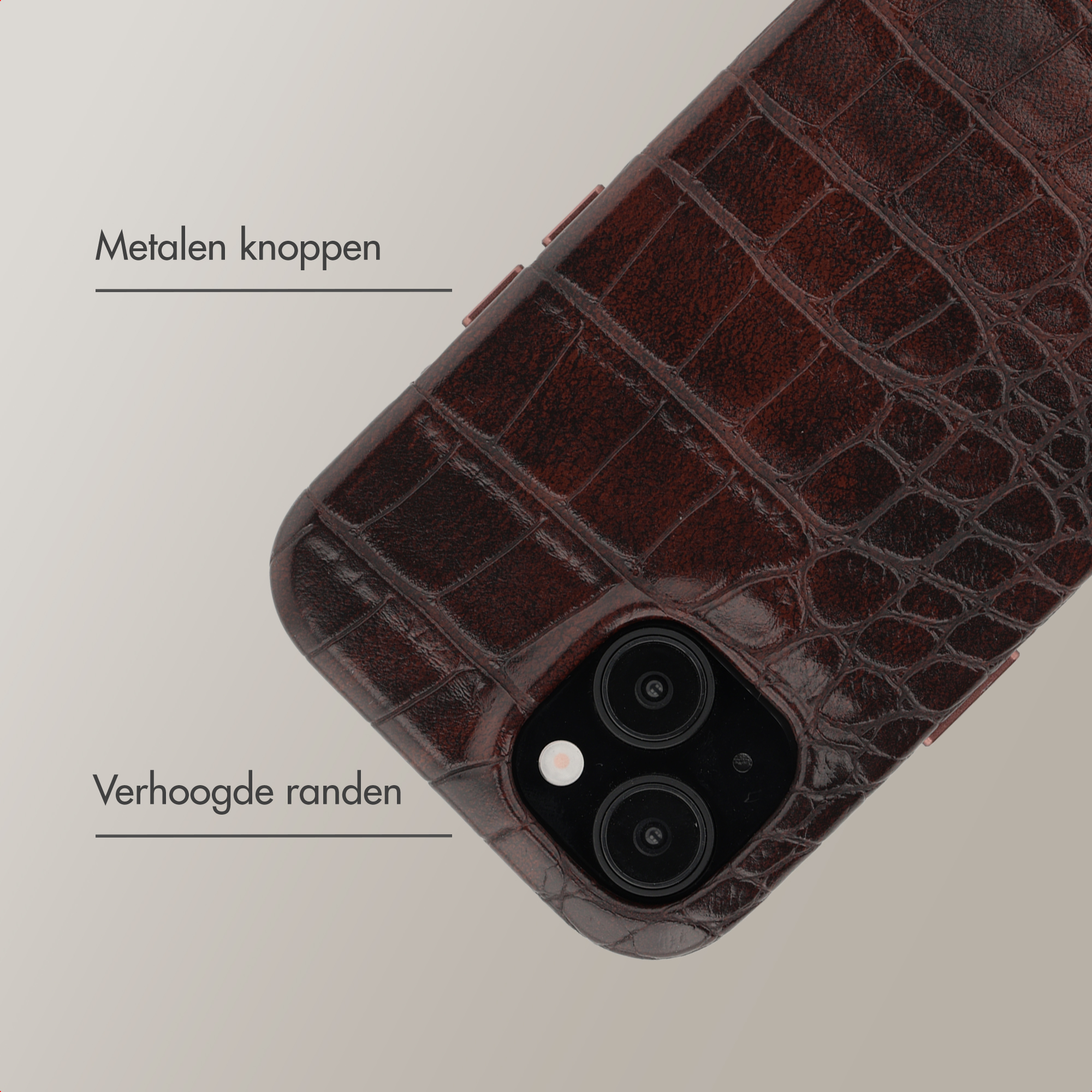 Brown crocodile leather phone case with camera island and metal buttons.