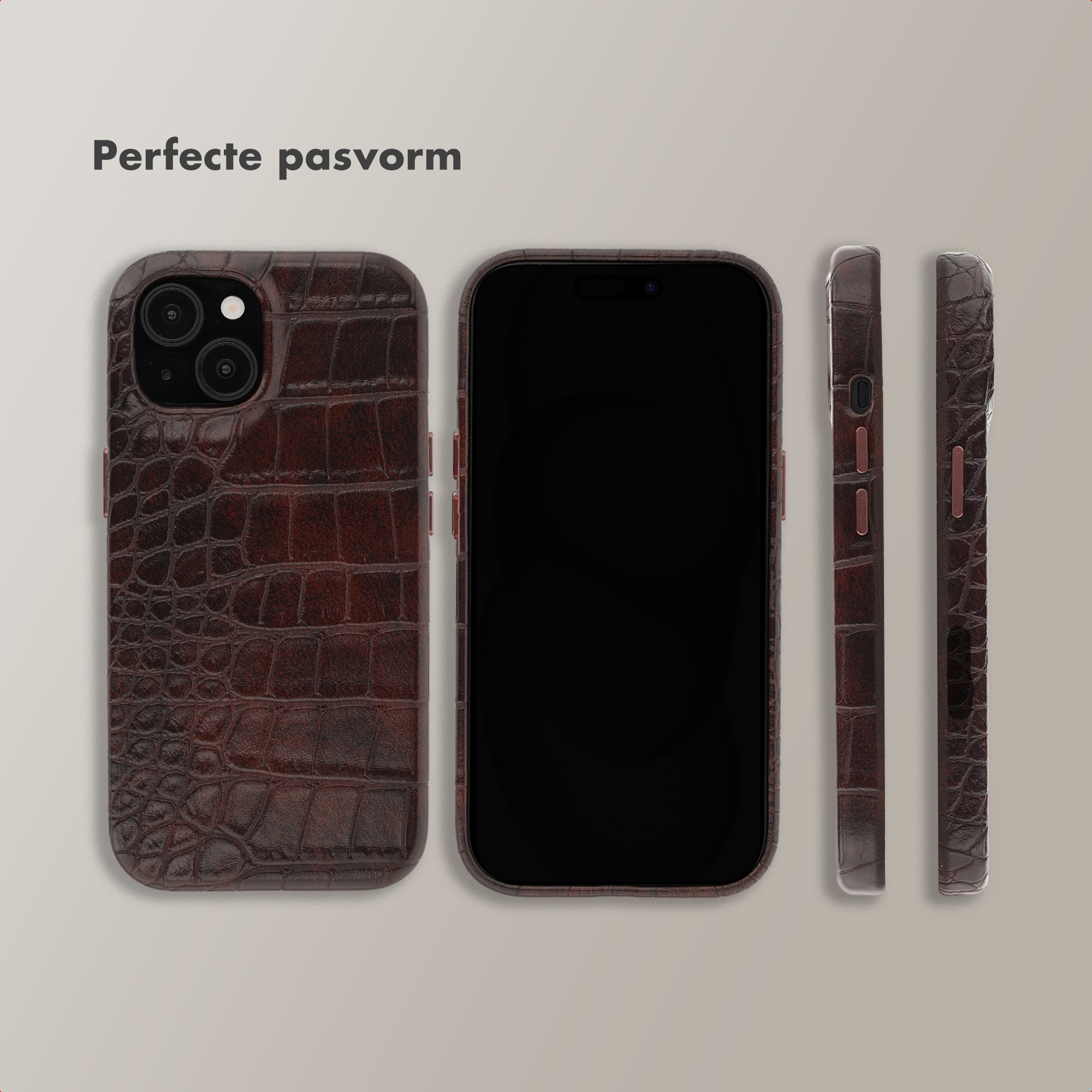 Dark brown croc-effect phone case with a phone, multiple views.