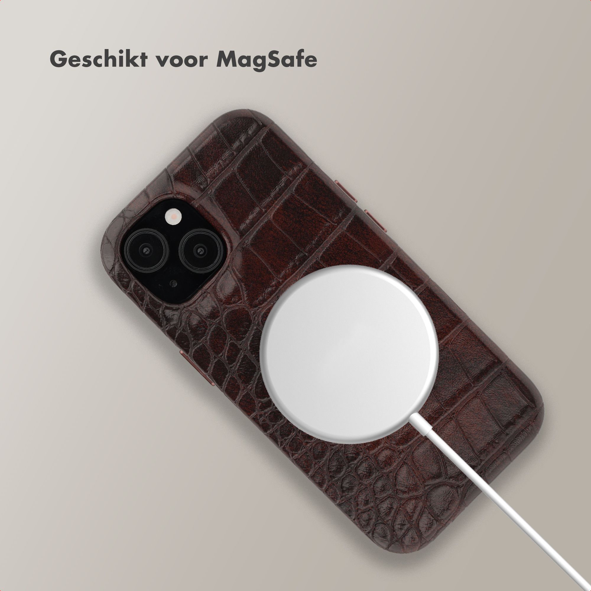Brown crocodile leather iPhone case with MagSafe charger on a neutral background.