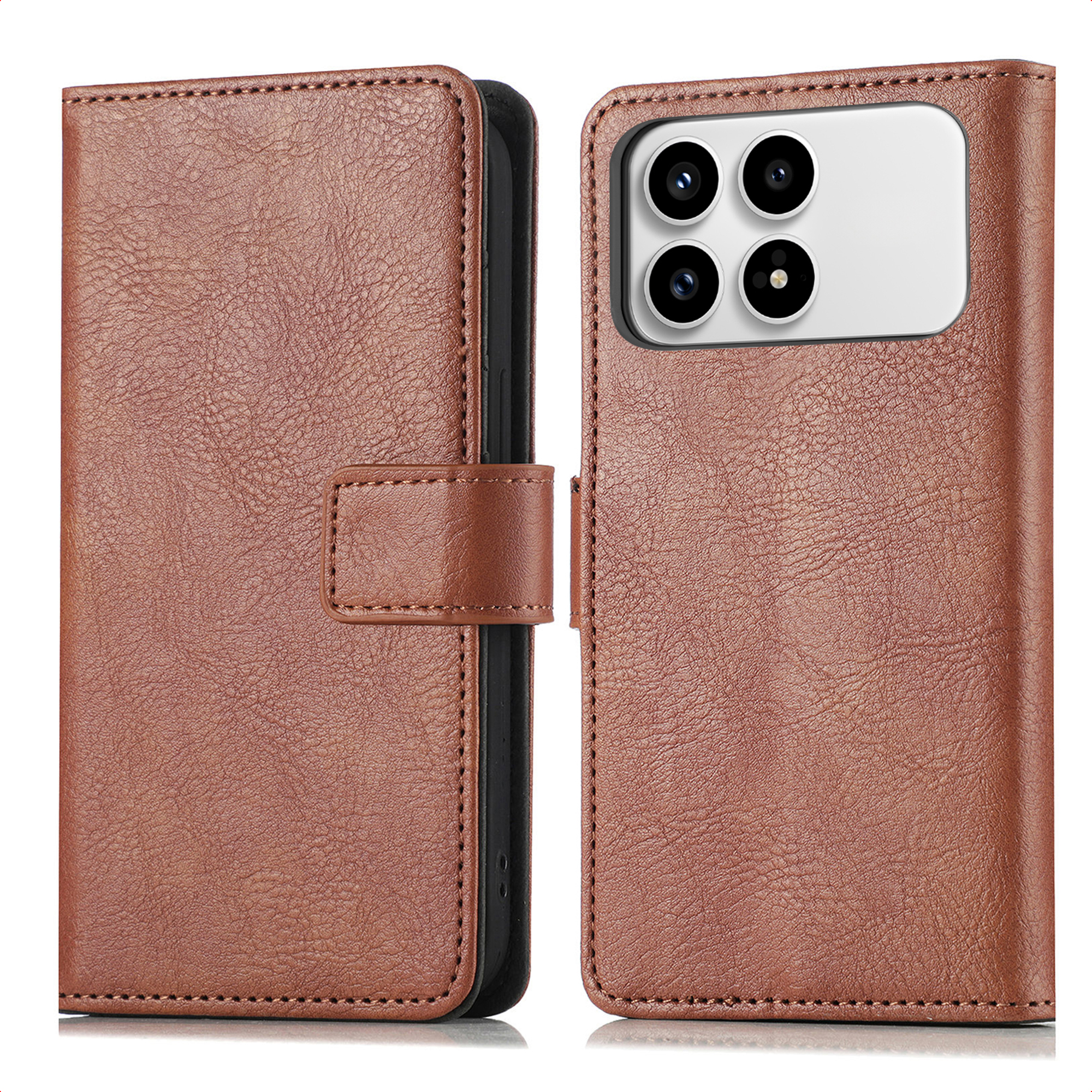 Bruine leren telefoonhoes met gevouwen voor- en achterkant met camera-array.