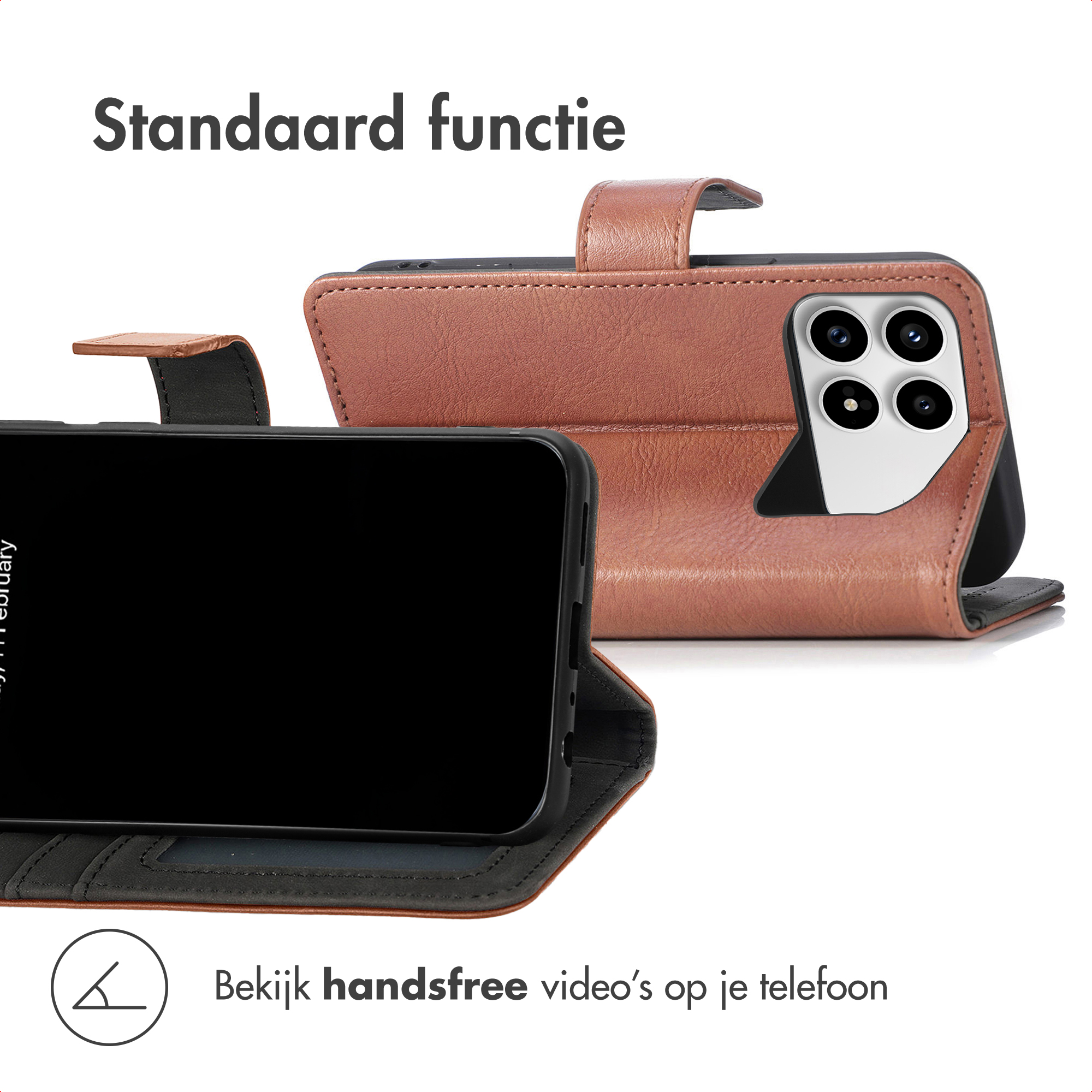 Bruin lederen flipcase voor smartphone met camera-uitsparing en standaardfunctie.
