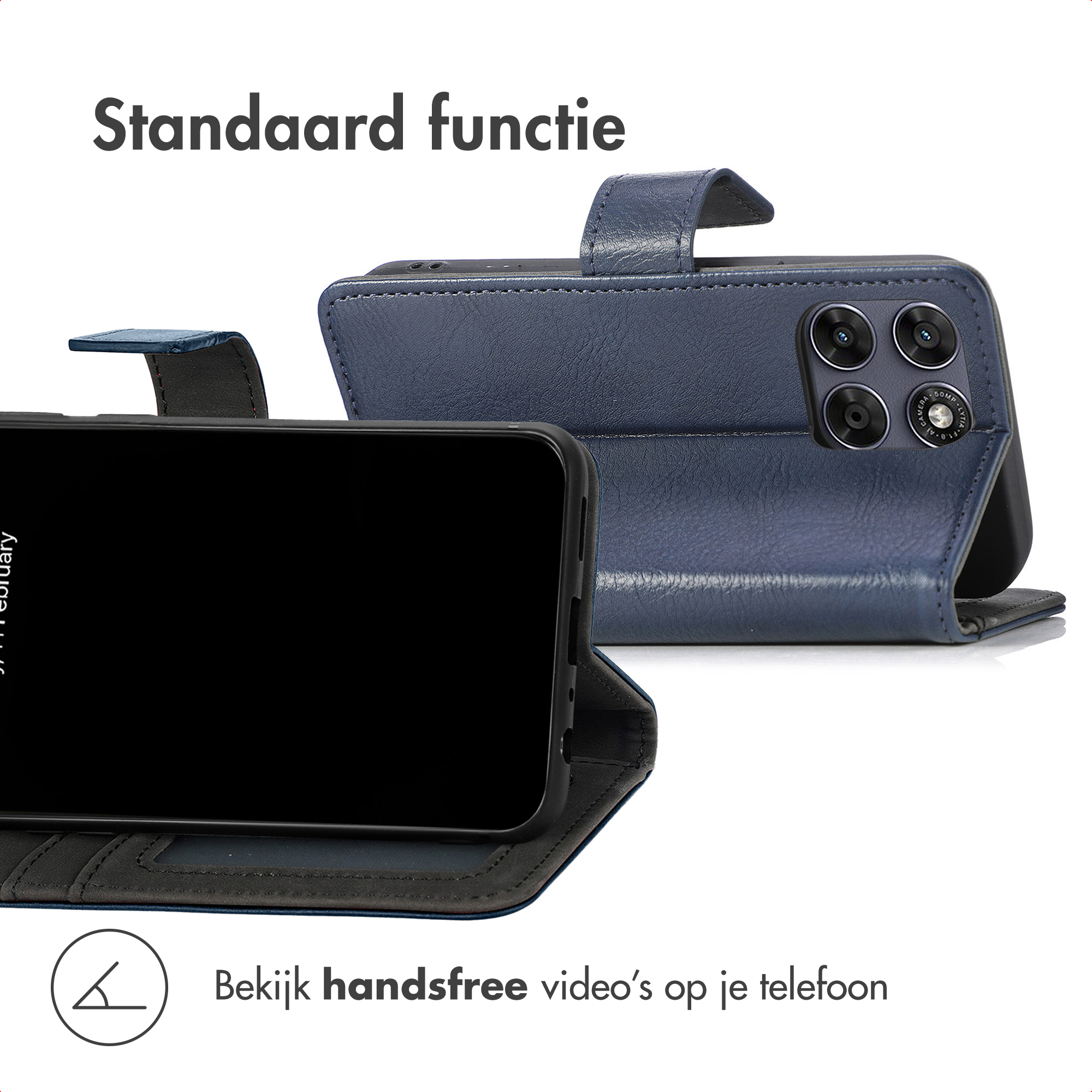Blauw telefoonhoesje liggend, met drievoudige camera's aan de achterkant.