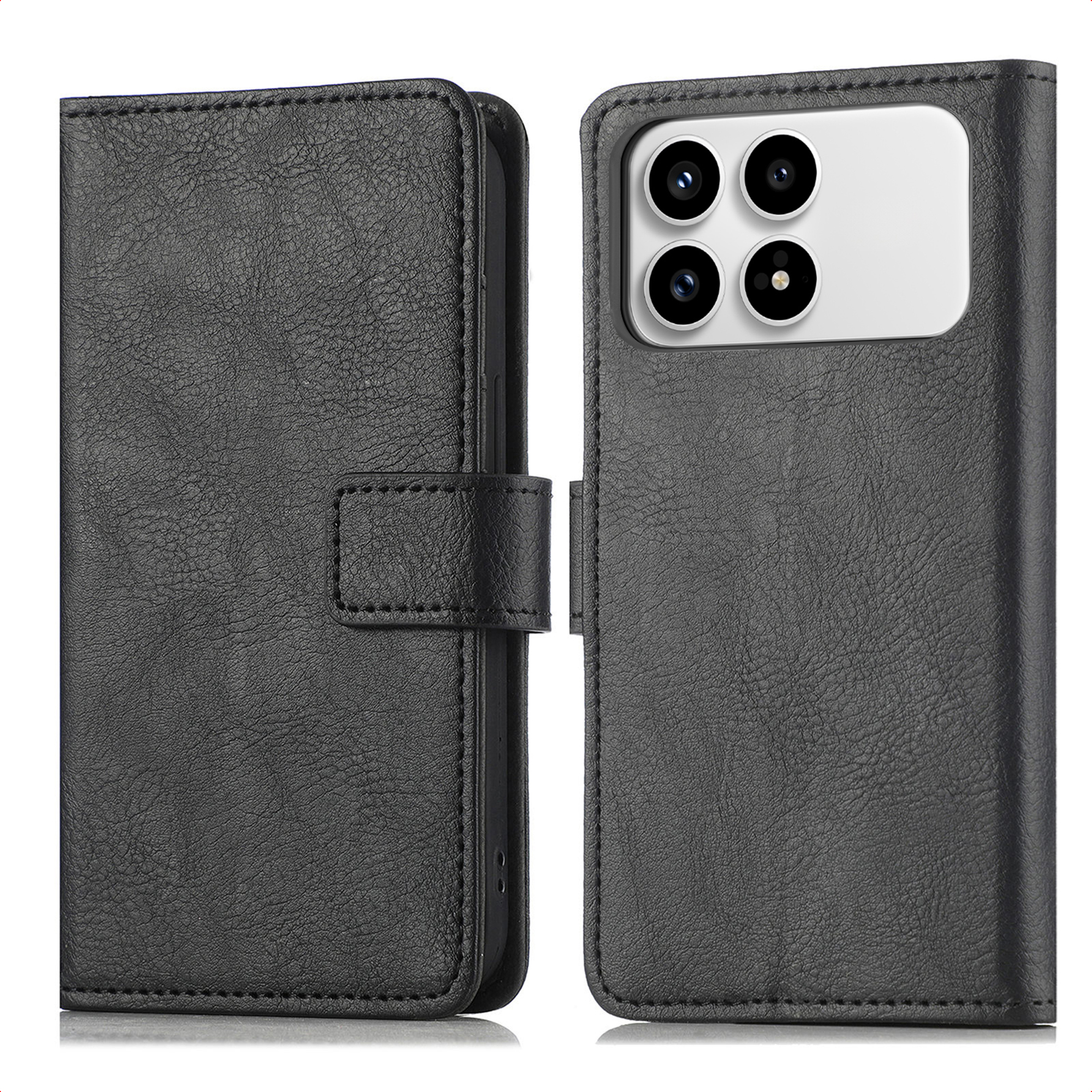 Étui de téléphone noir en cuir à rabat montrant quatre caméras arrière.
