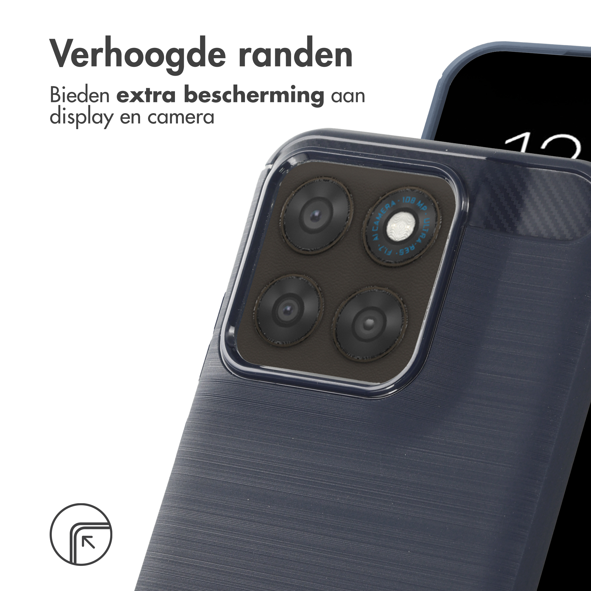 Donkerblauwe telefoonhoes met cameramodule en tekst.
