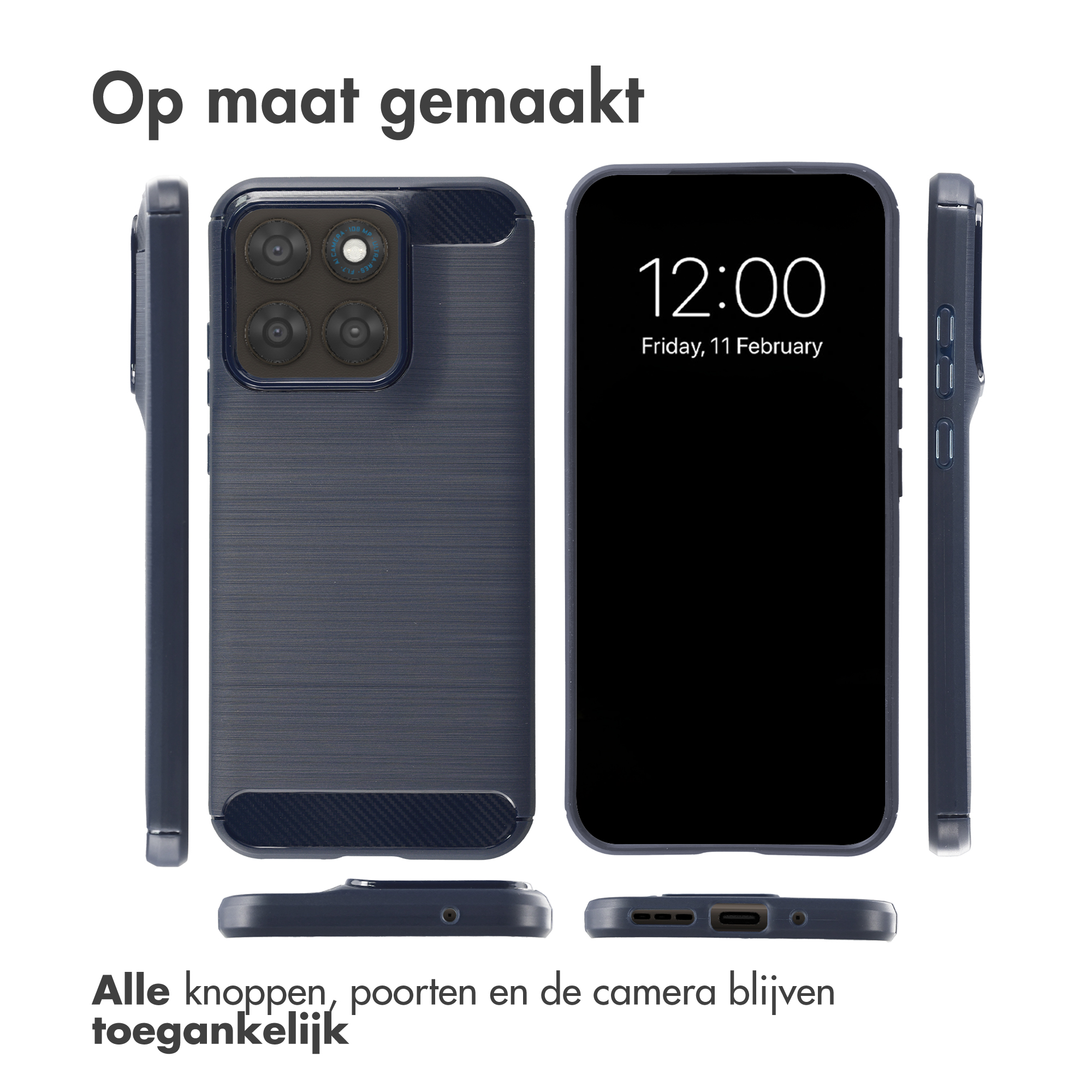 Donkerblauw telefoonhoesje, voor-, achterkant, zijaanzichten. Scherm toont 12:00.