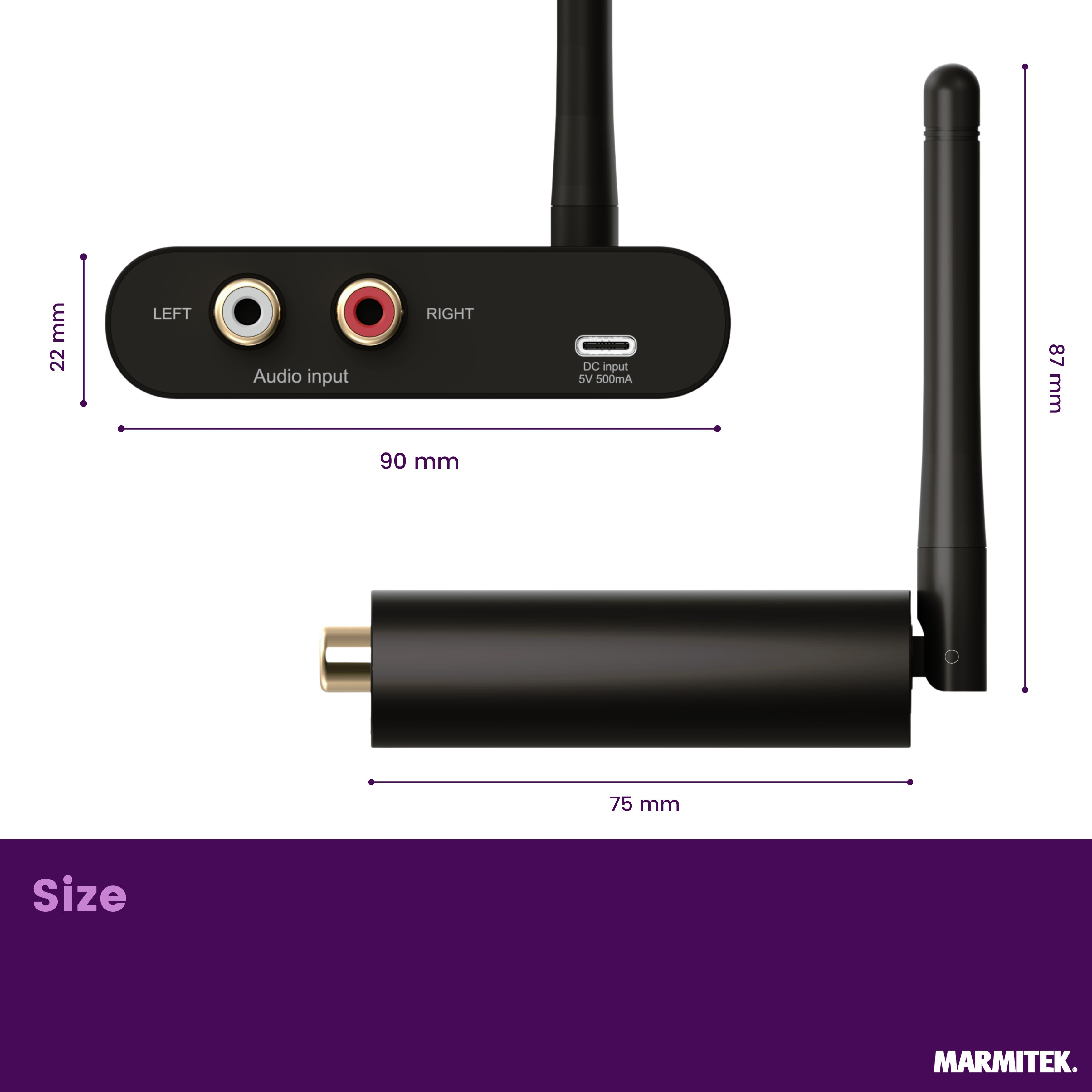 Appareil audio noir avec antennes, ports RCA et connecteur USB-C.