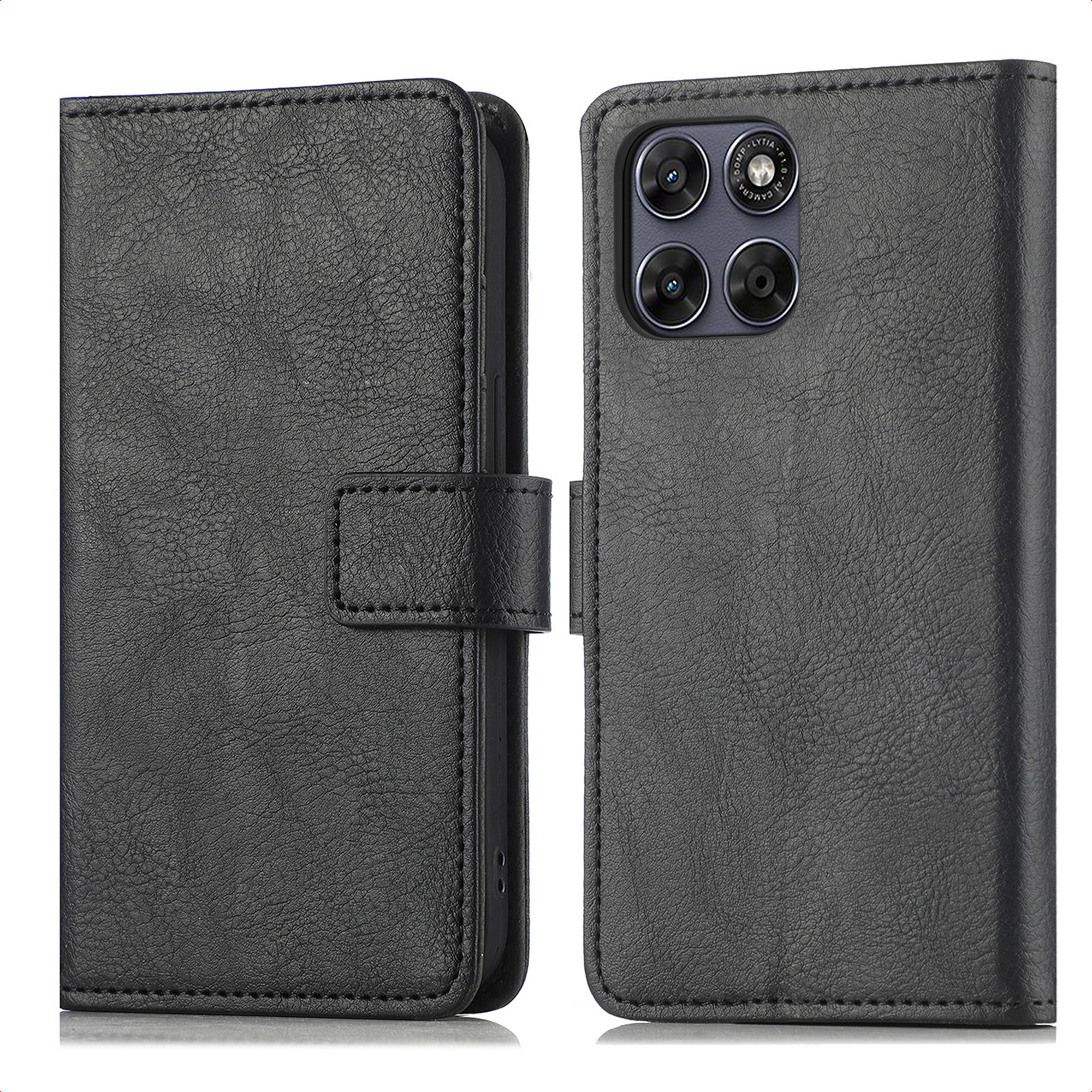 Zwarte portemonnee-stijl telefoonhoes met camera-uitsparing en magneetsluiting.