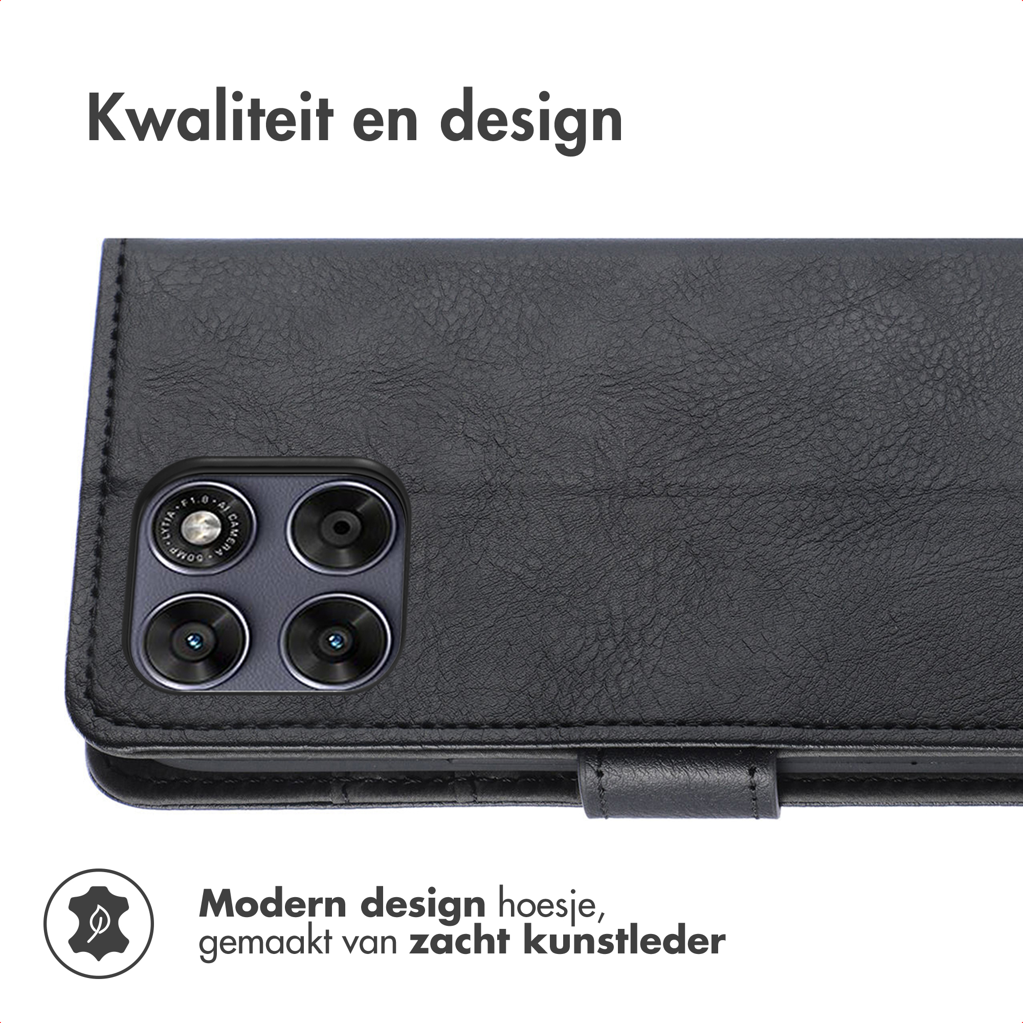 Zwarte leren telefoonhoes met cameralenzen en een icoon voor duurzaam materiaal.
