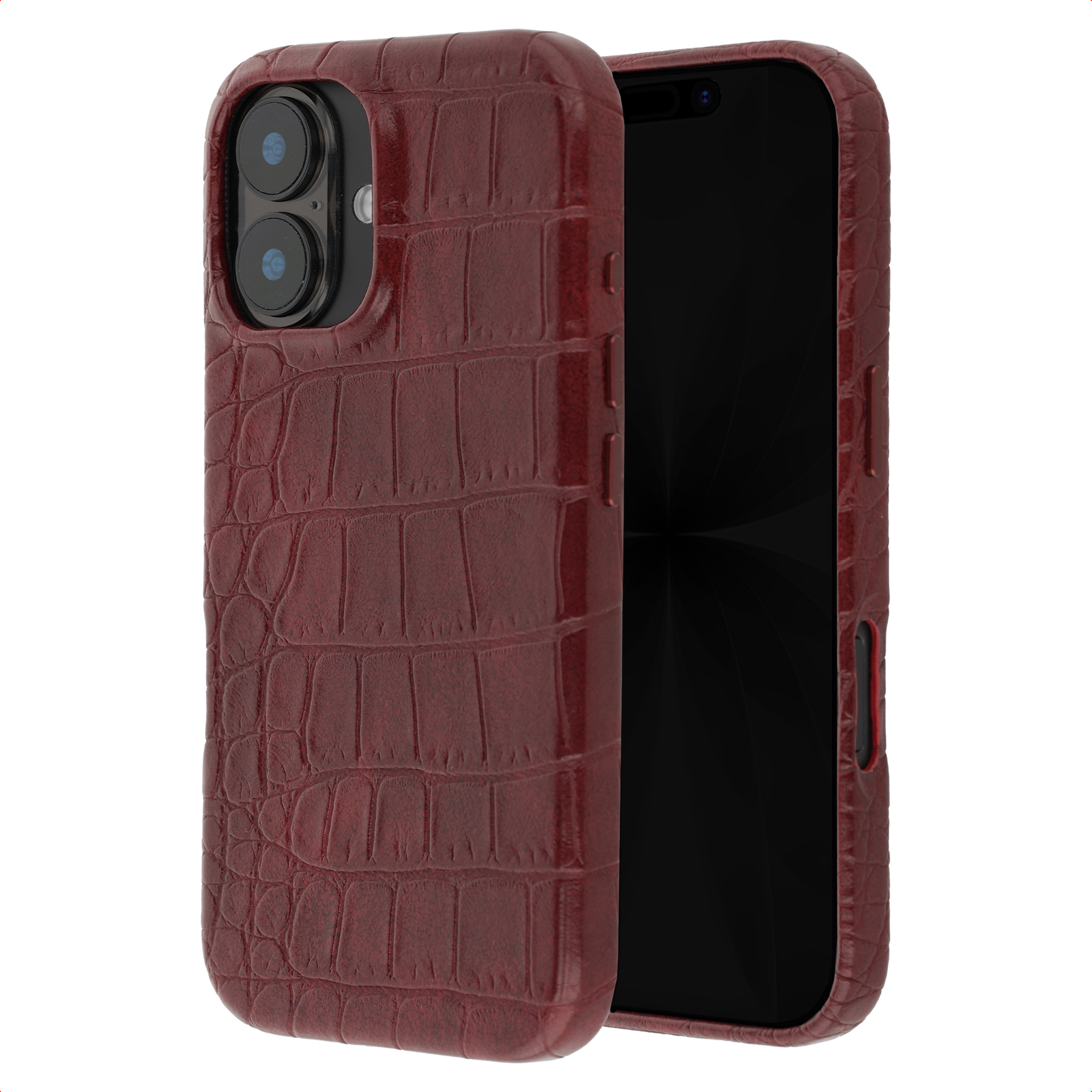 Coque de téléphone rouge foncé motif croco avec découpe caméra et écran noir.