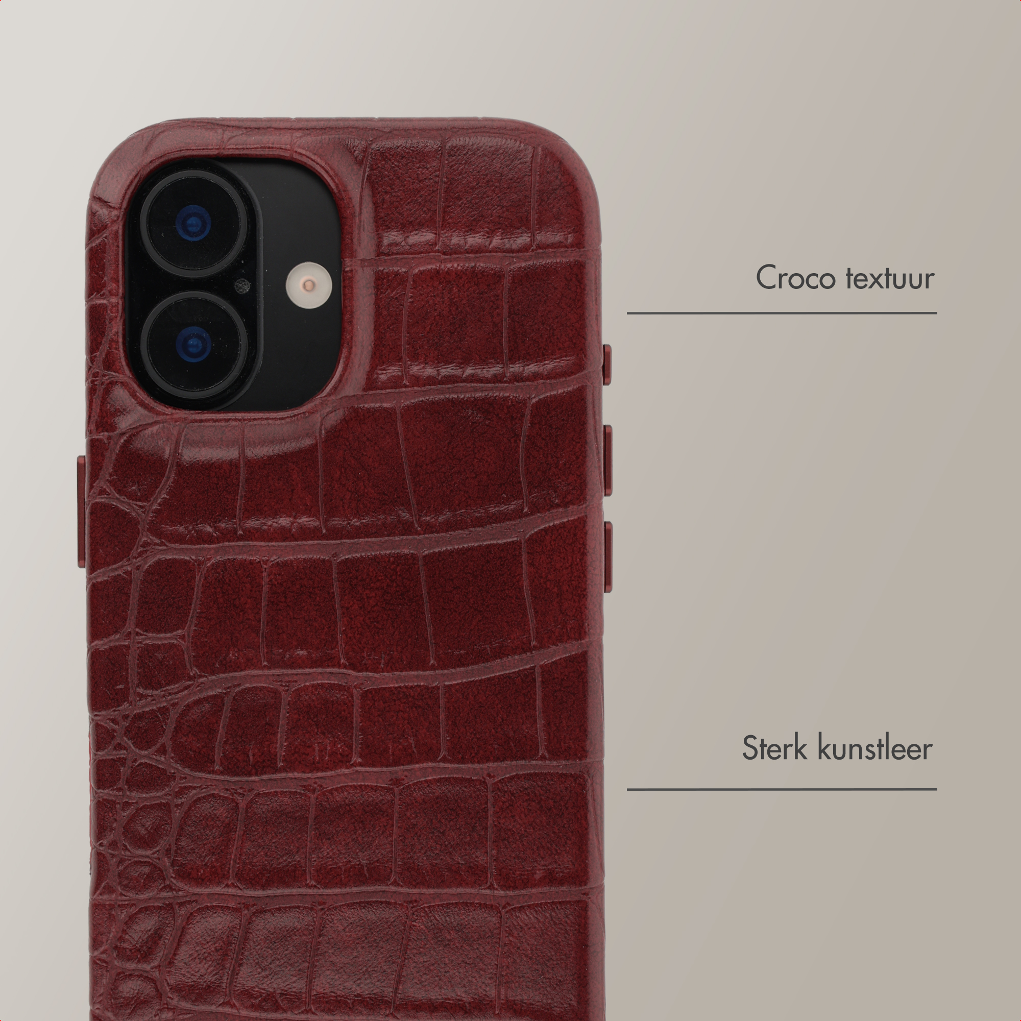 Coque de téléphone rouge foncé avec texture crocodile et deux caméras.