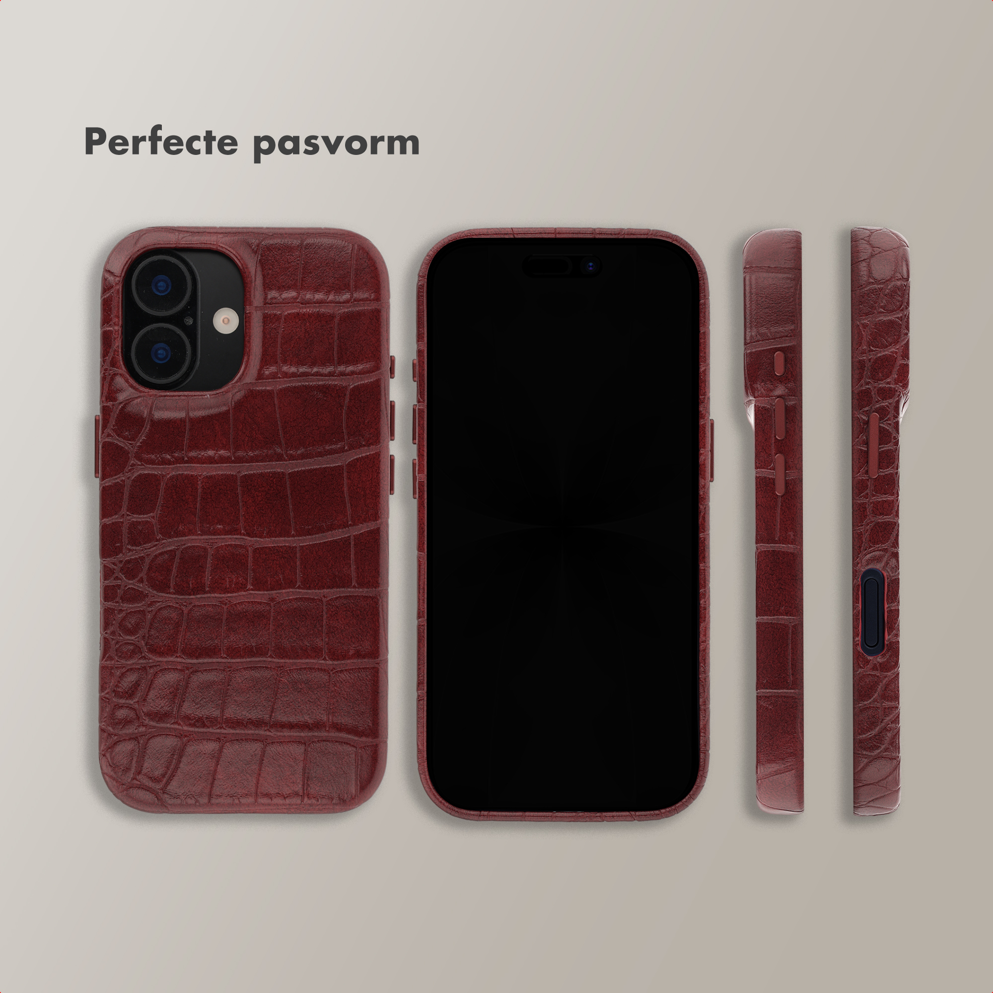 Trois coques de téléphone rouges foncées gaufrées crocodile, une sur un téléphone.