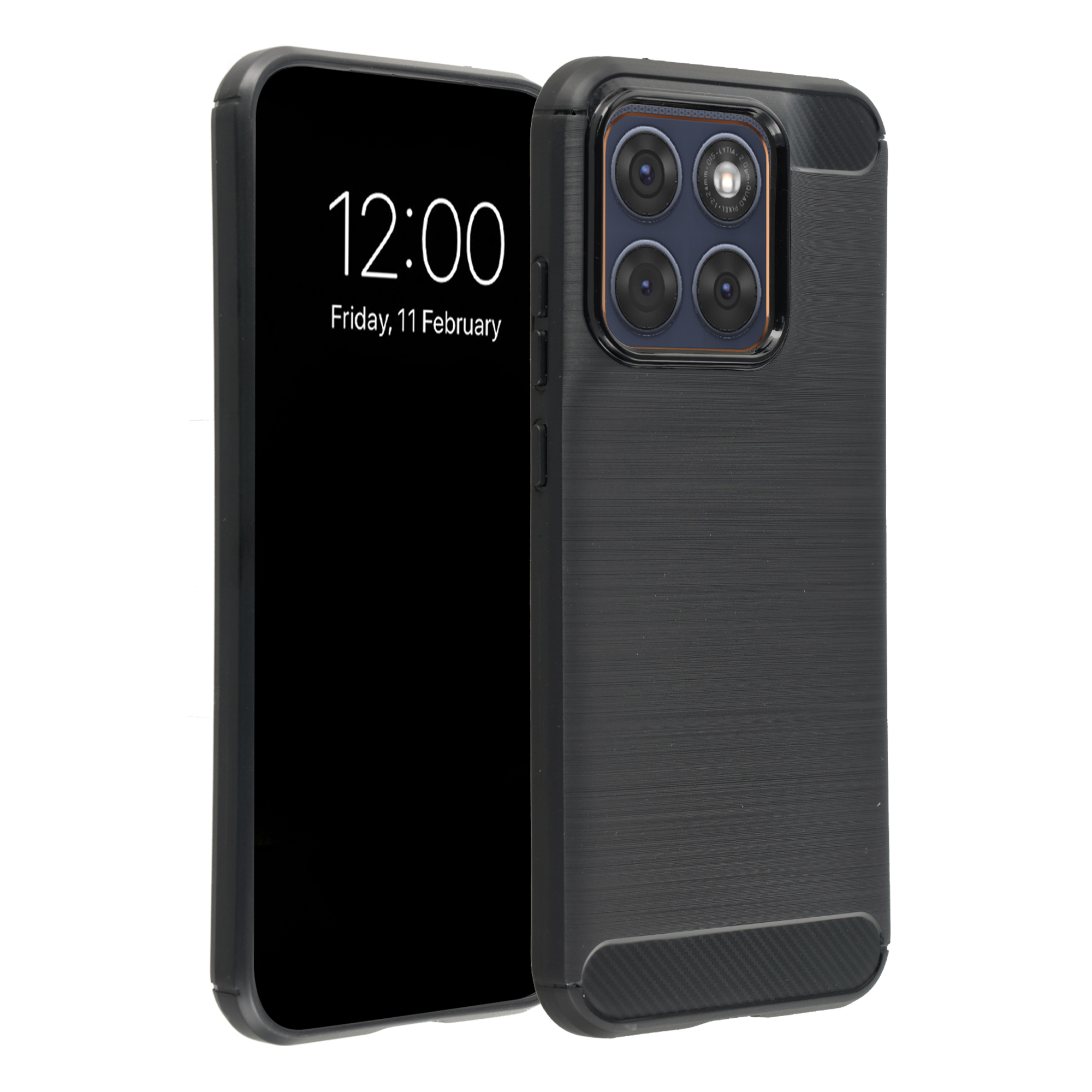 Zwarte smartphone met vier camera's en beschermhoes.