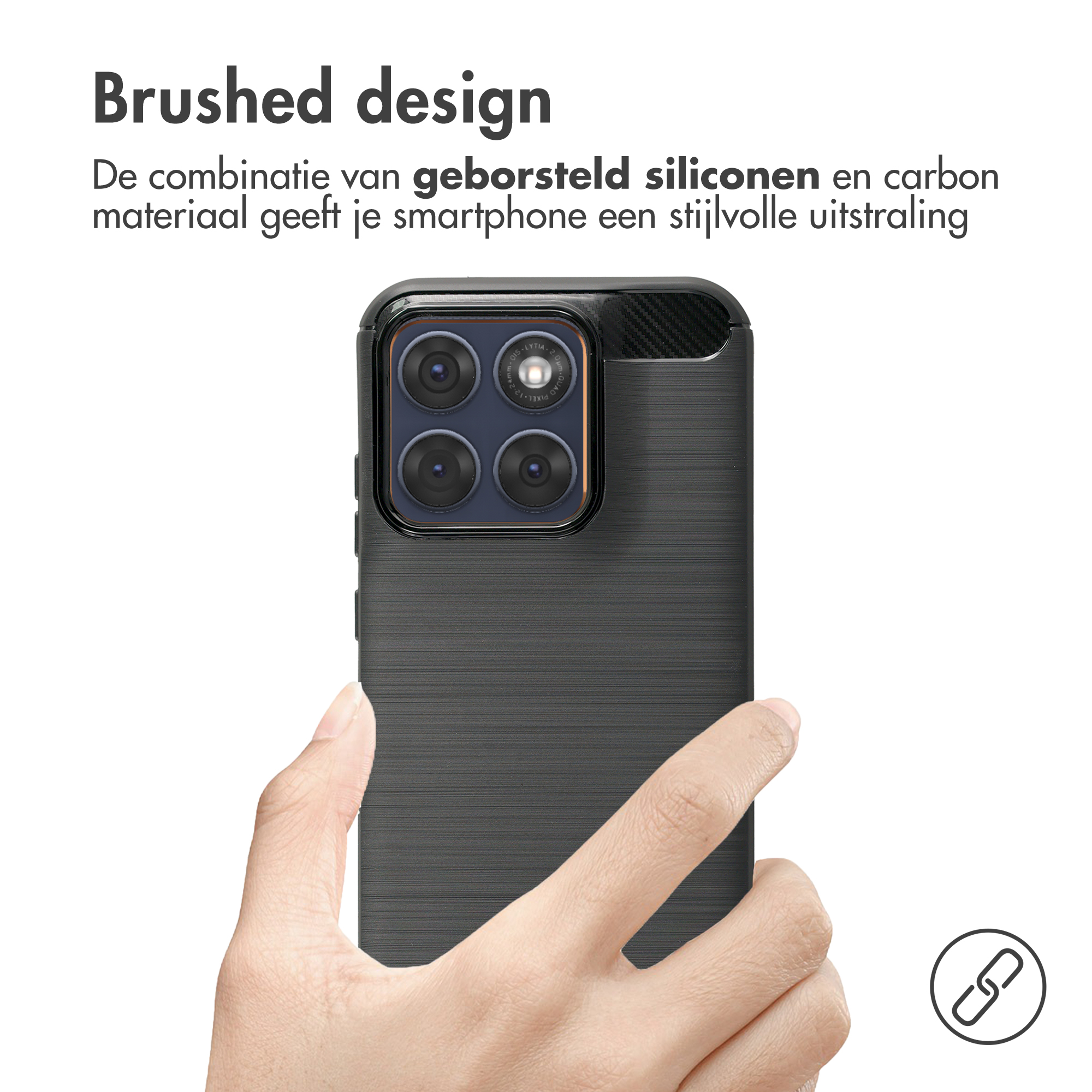 Achterkant smartphone met geborsteld siliconen en carbon design.