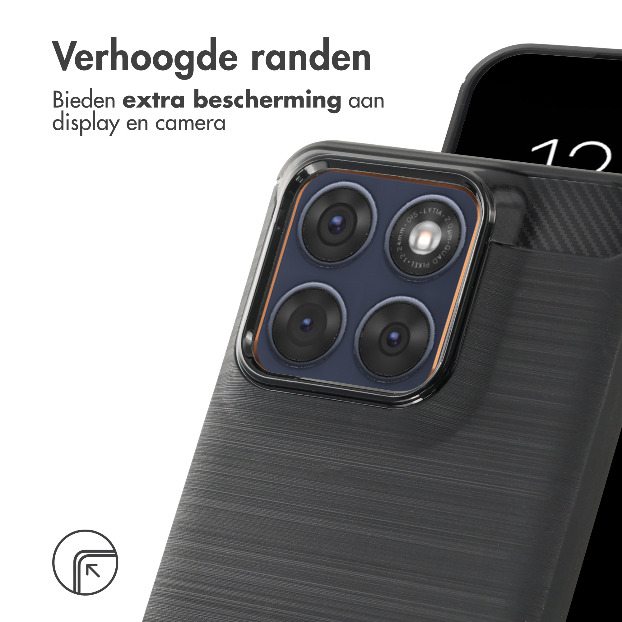 Zwarte telefoonhoes met vier cameralenzen en een "10" op het scherm.