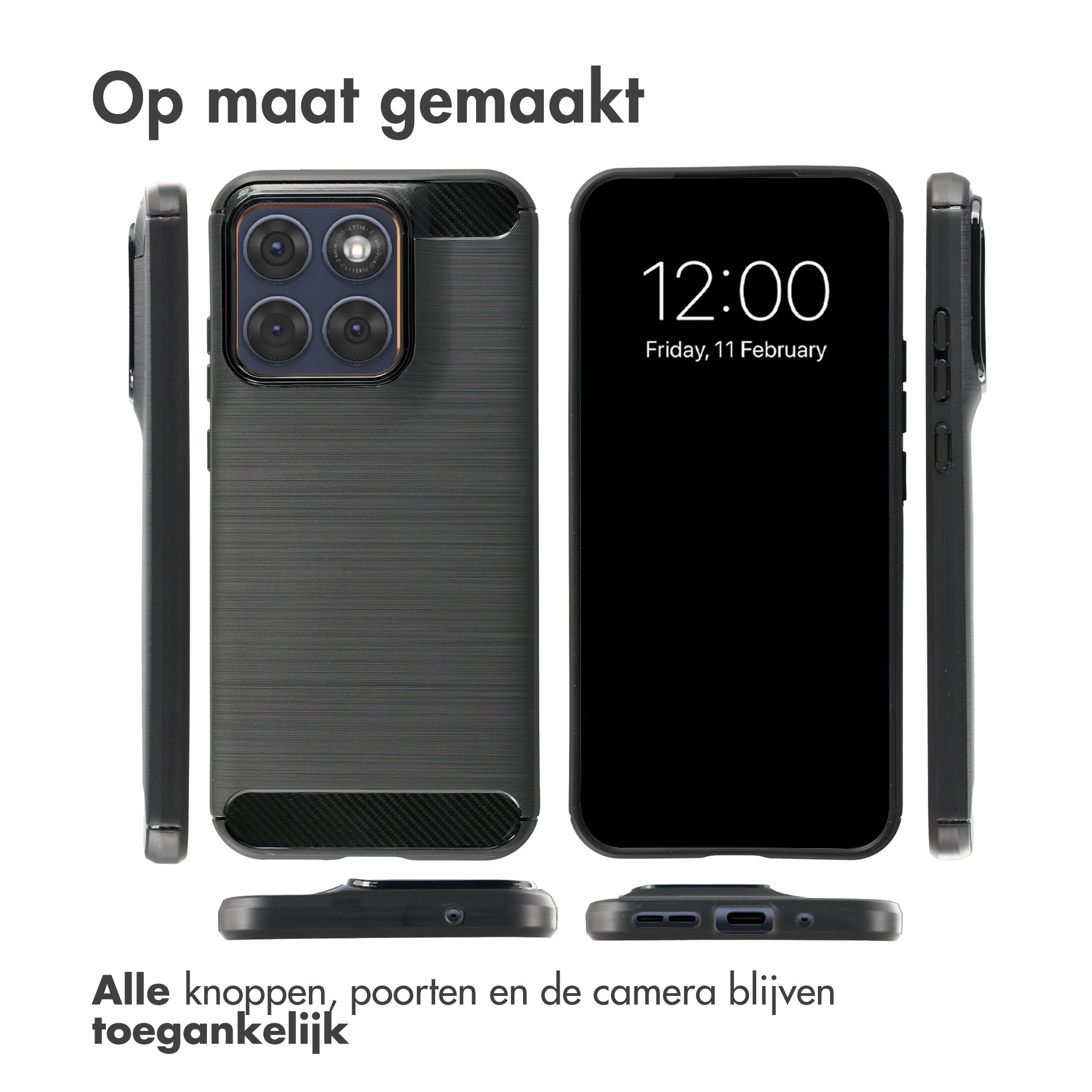 Een telefoonhoesje wordt vanuit meerdere hoeken getoond. De tekst zegt op maat gemaakt.