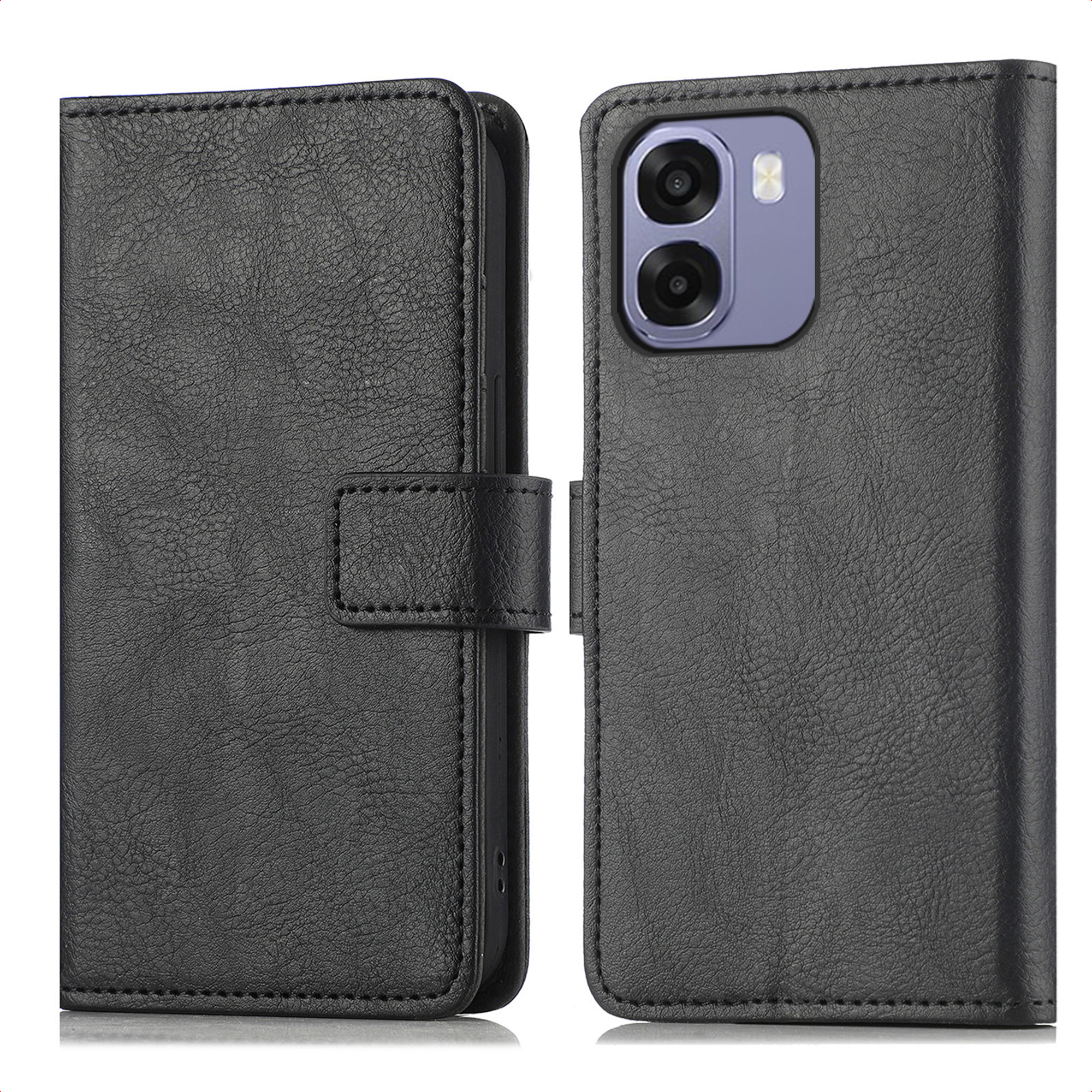 Zwarte leren telefoonhoes met camerauitsparing en bandsluiting.