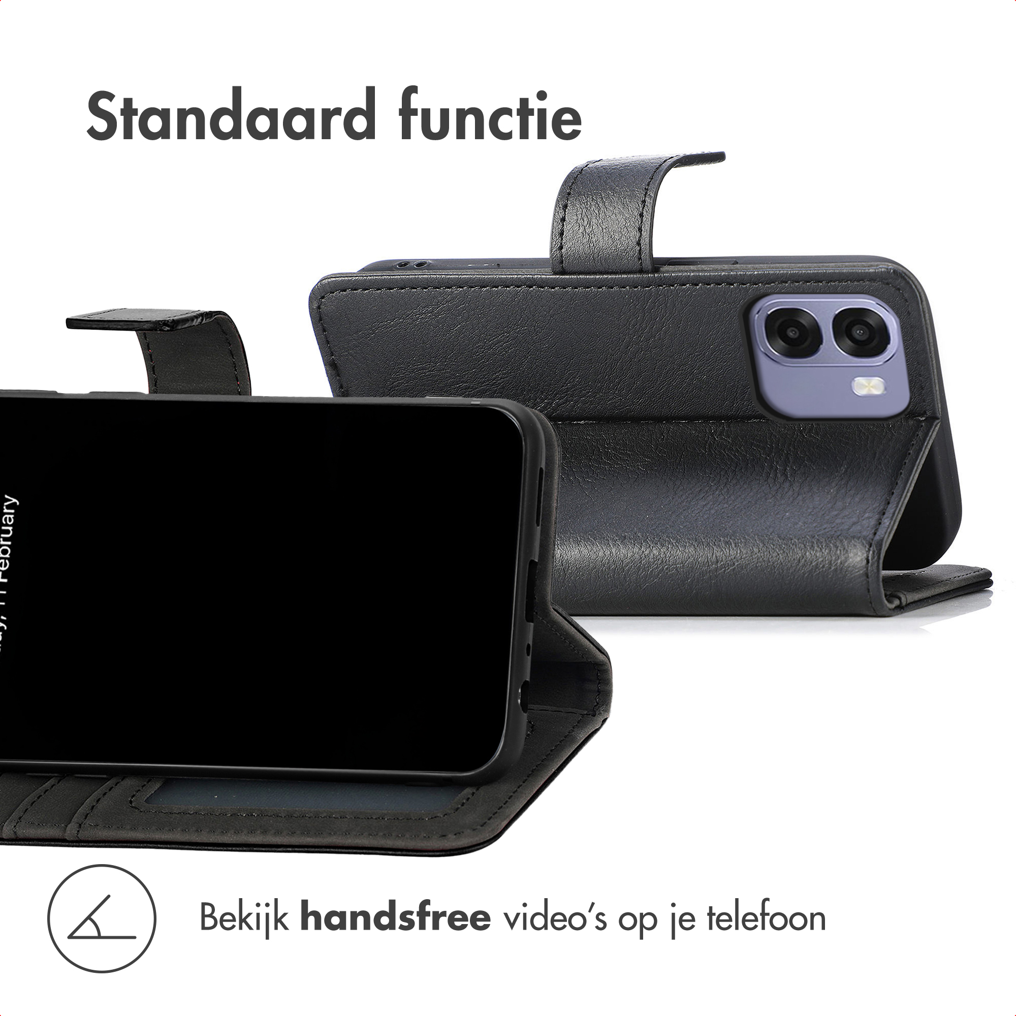 Zwarte telefoon met standaardfunctie en twee cameralenzen.