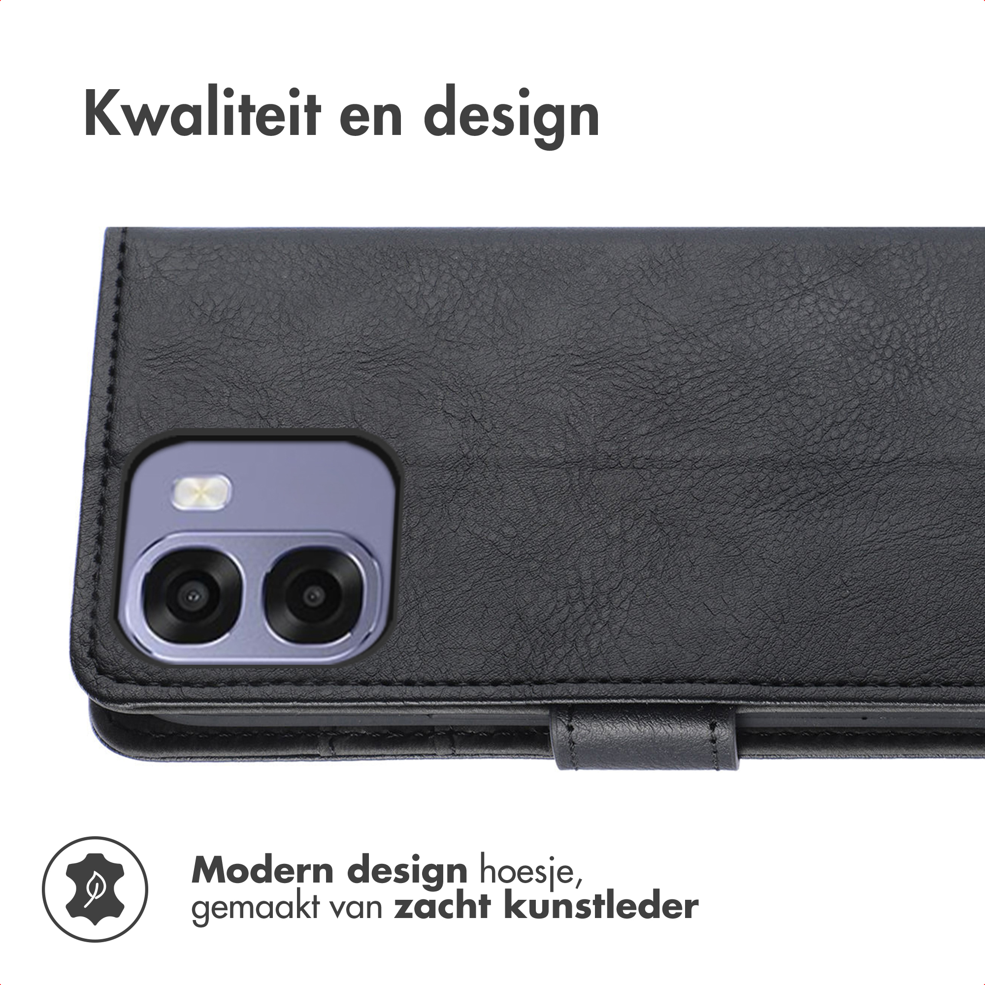 Zwarte kunstleren telefoonhoes met camera-uitsparingen en logo.