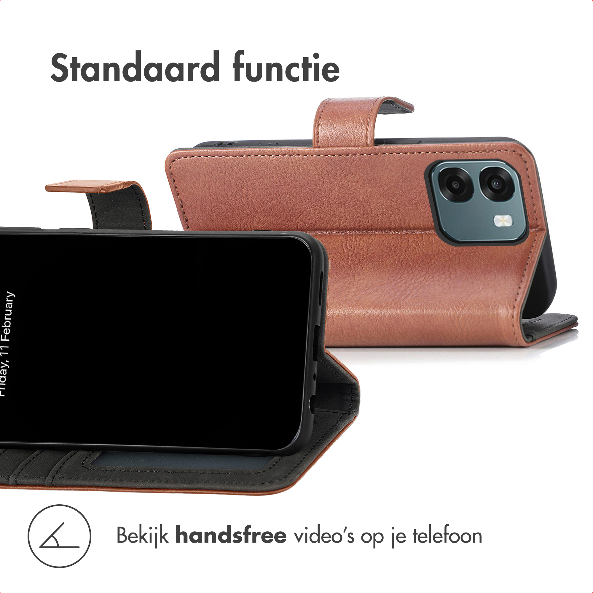 Bruine lederen flip case voor smartphone, in staande functie.
